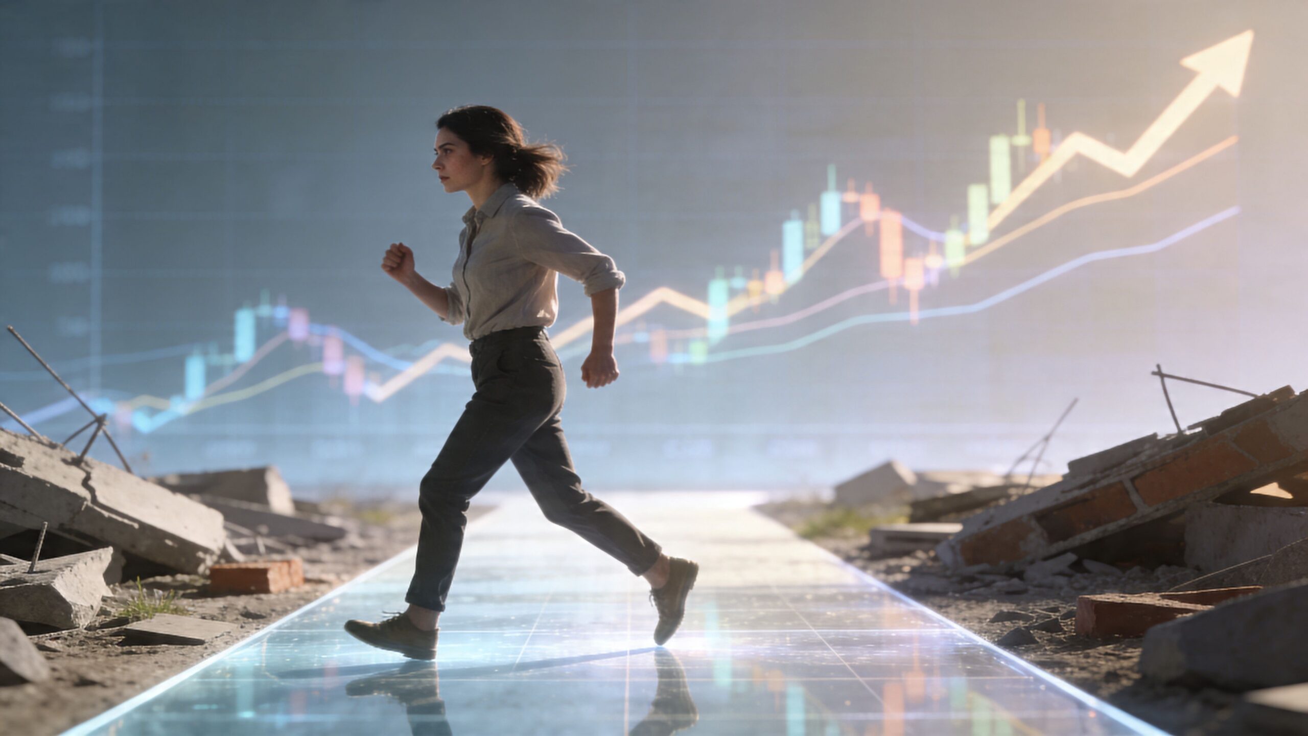 A professional woman running forward on a glowing digital path amidst ruins with a growing financial chart.