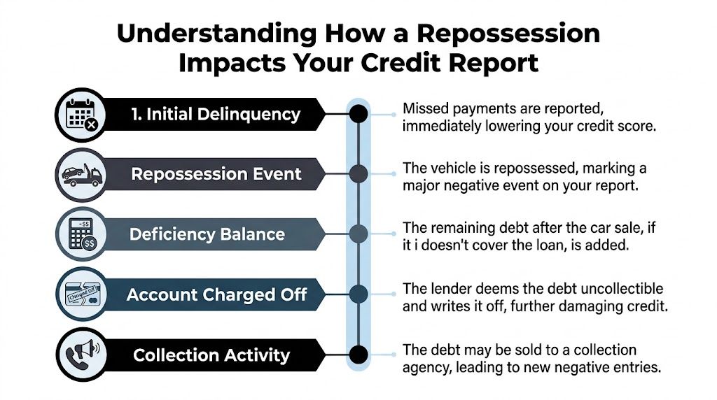 A flowchart explaining how the process of vehicle repossession negatively impacts your personal credit report over time.