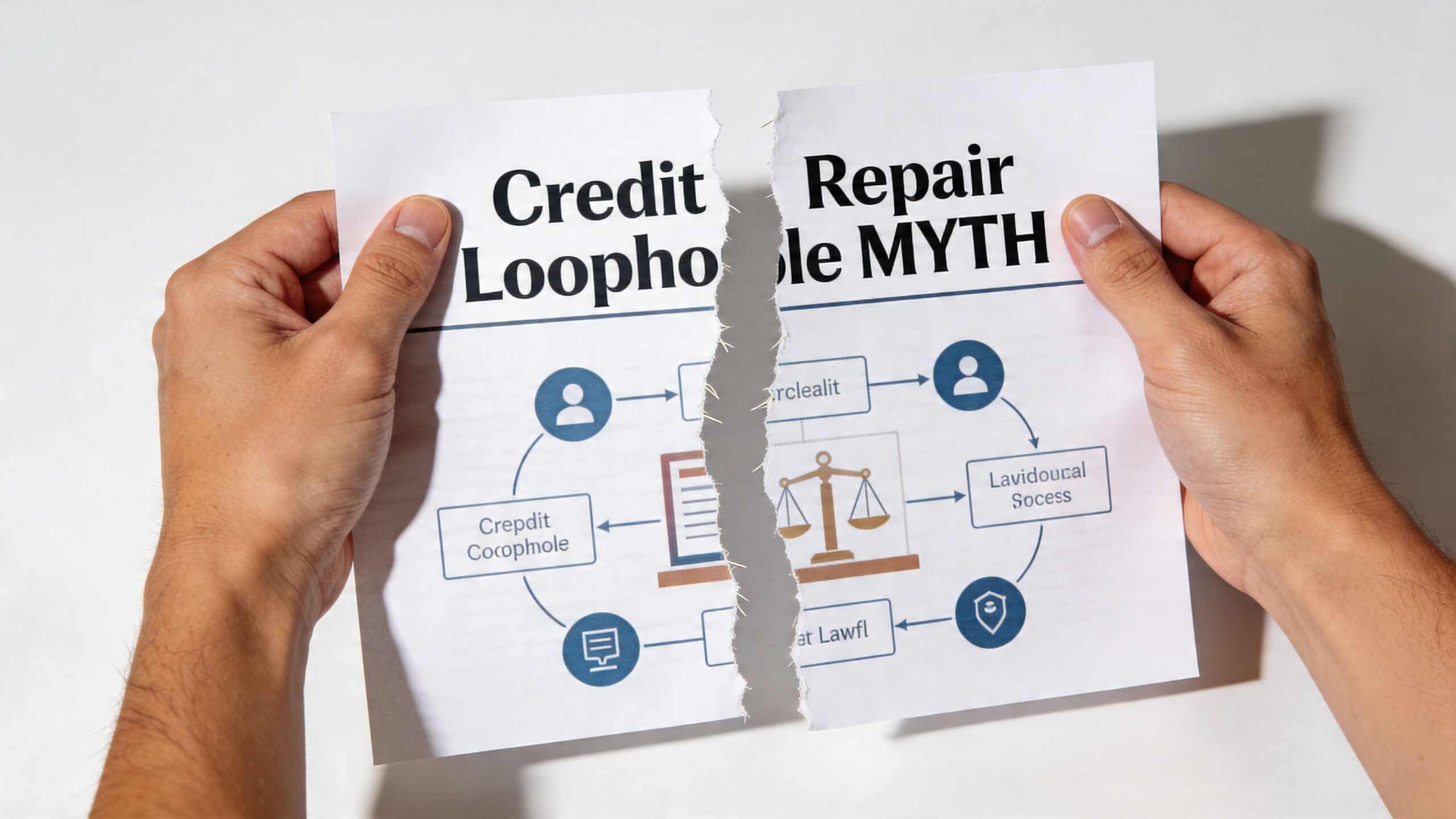 A pair of hands holding a torn paper that says Credit Repair Loophole MYTH with a flowchart.