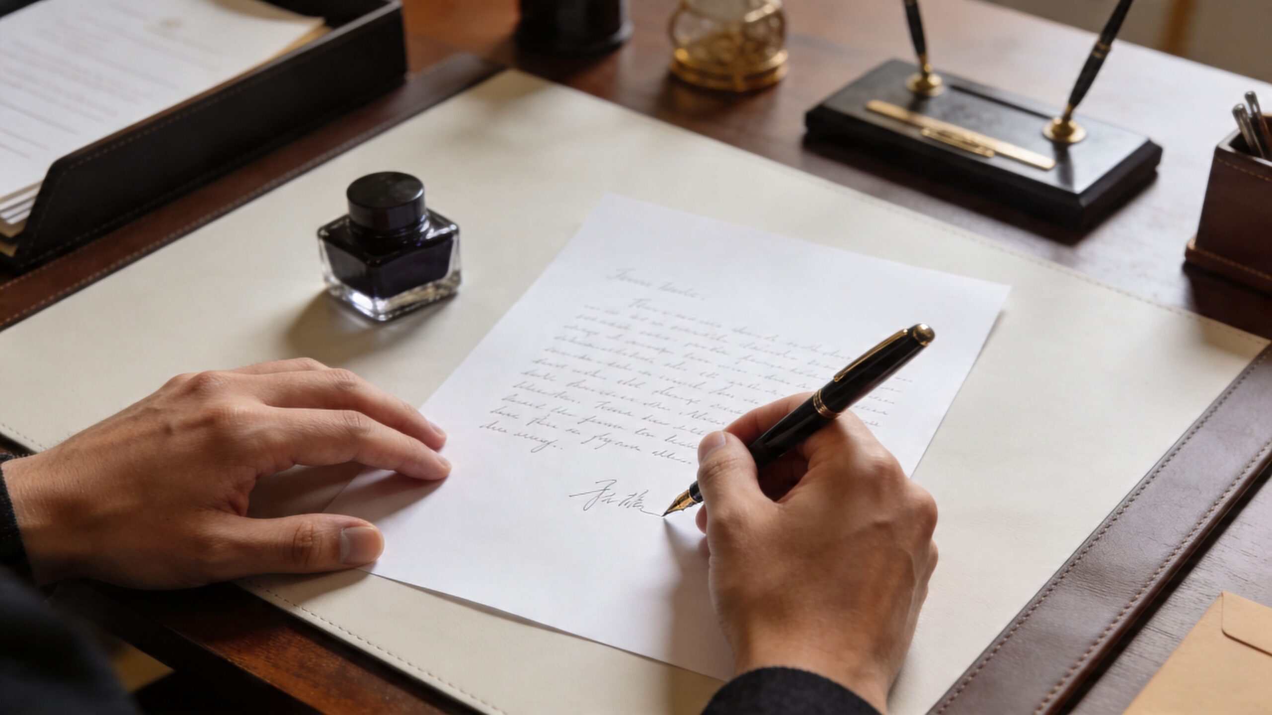 A close-up view of a person writing a formal dispute letter with a fountain pen on paper.