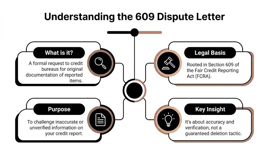 An infographic explaining the 609 dispute letter concept, its legal basis, purpose, and key insights regarding credit reports.