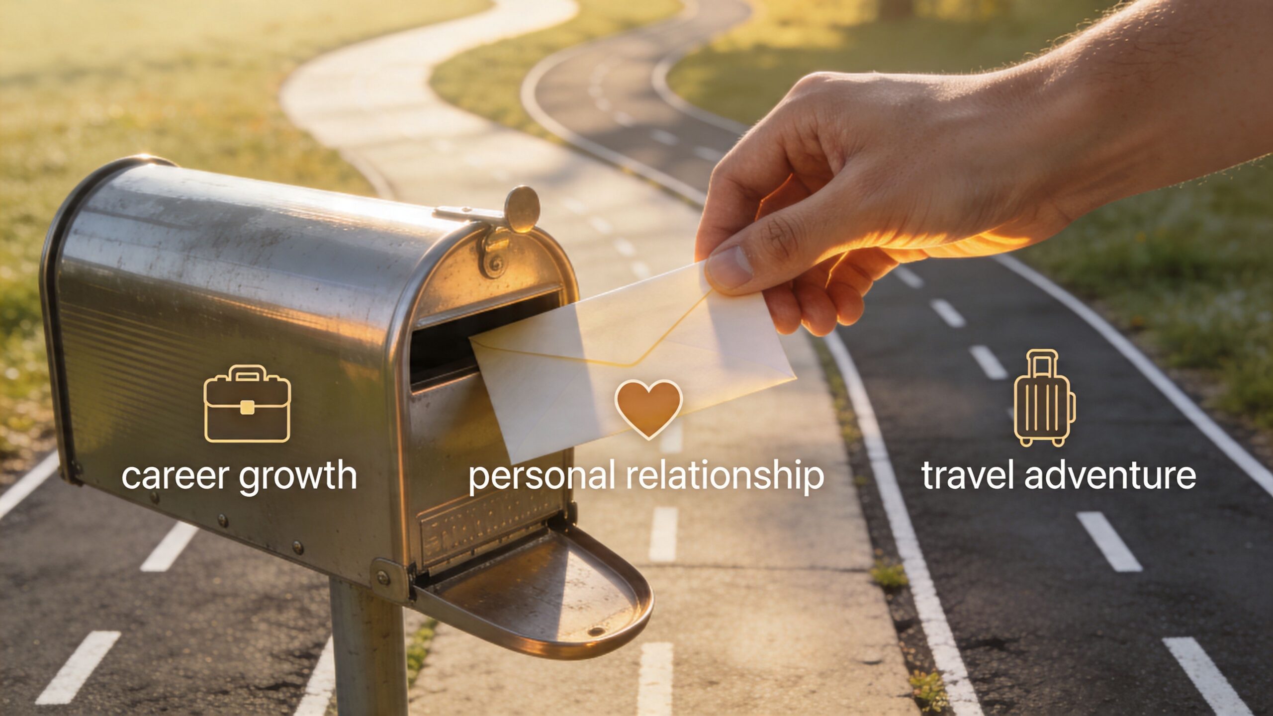 A hand placing an envelope into a mailbox, representing personal relationships, career growth, and travel adventure goals.