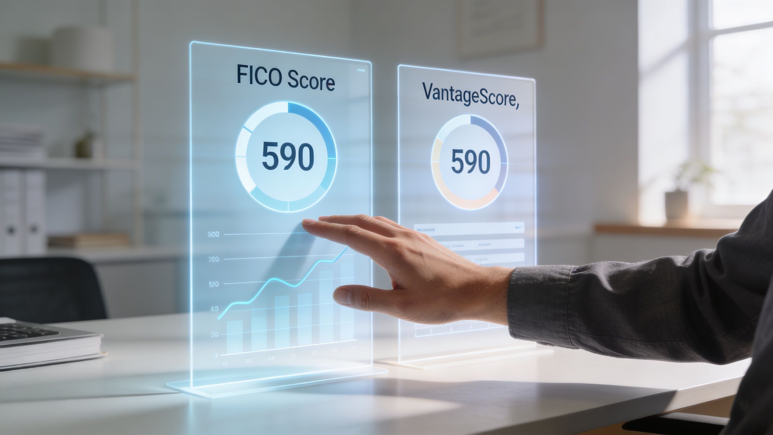 A person interacting with holographic displays showing a 590 FICO score and a 590 VantageScore.