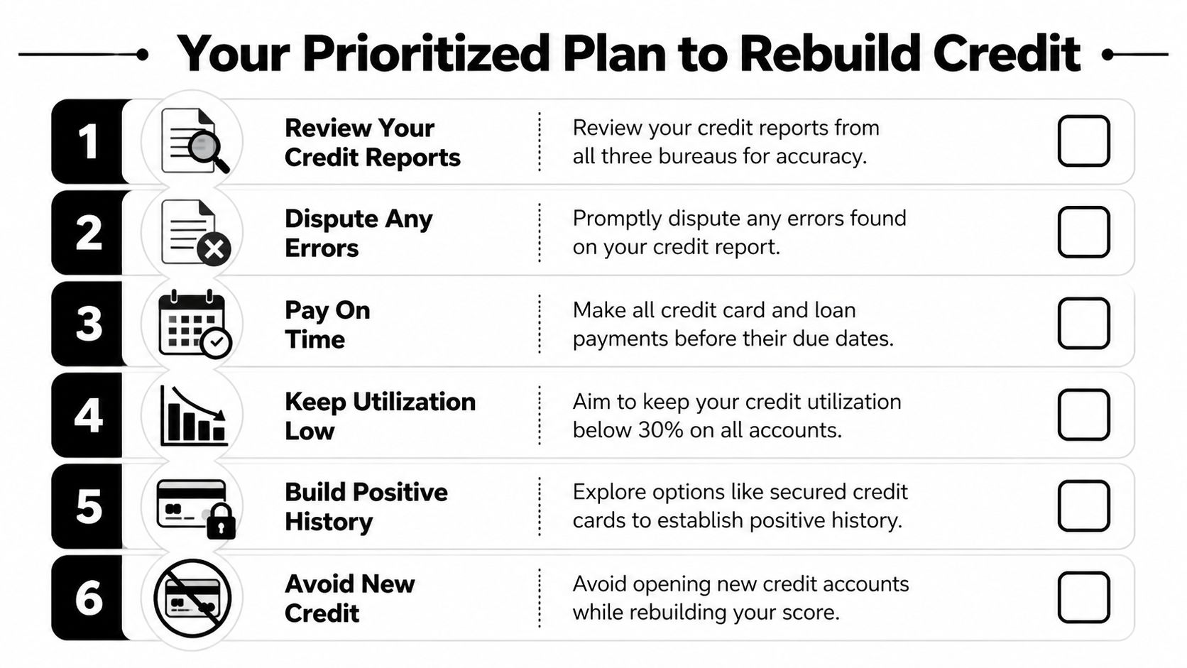 A six-step prioritized plan to rebuild credit, featuring tips on managing reports, payments, and accounts.