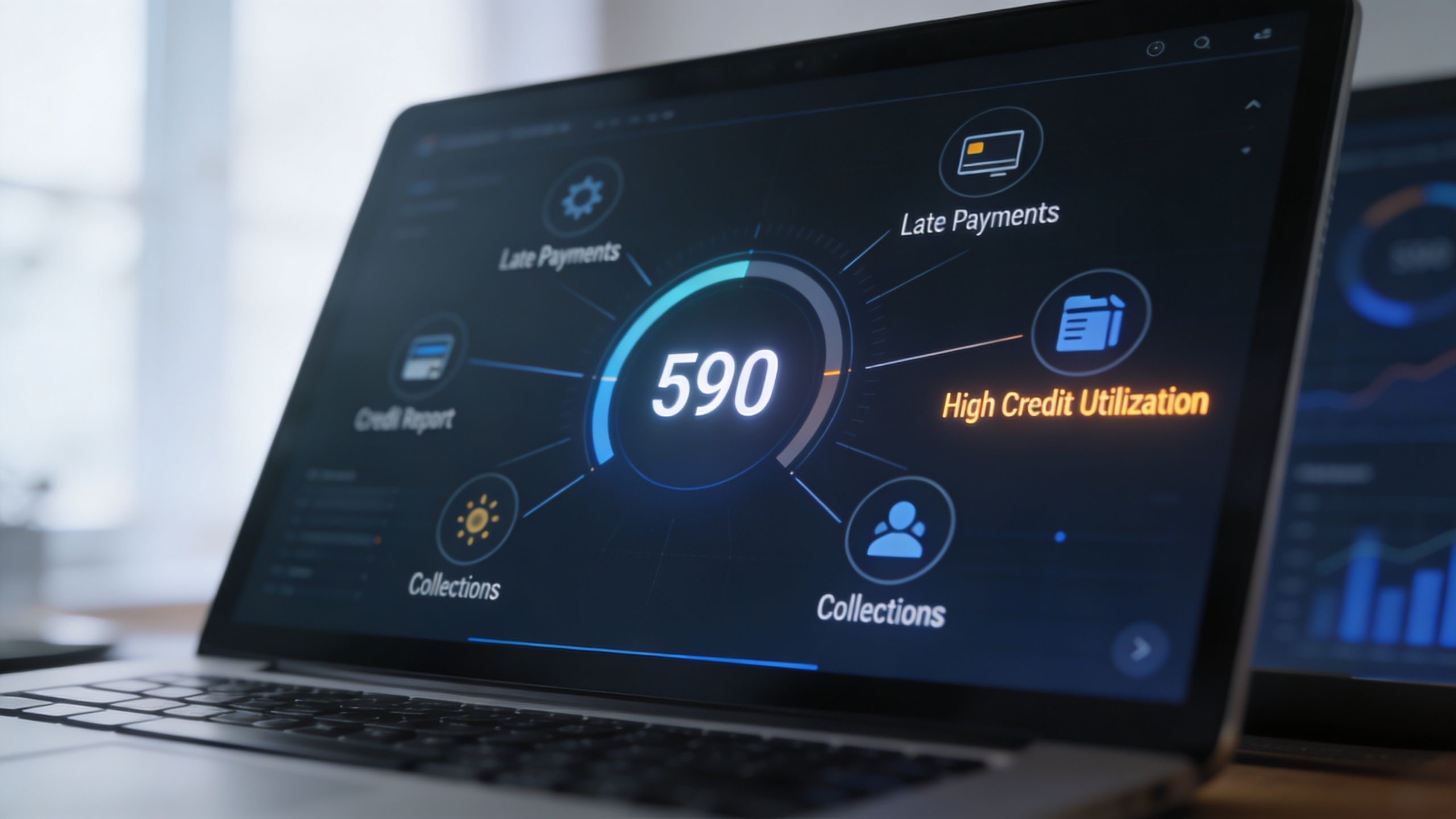 A laptop screen displaying a 590 credit score with various financial factors like high credit utilization highlighted.