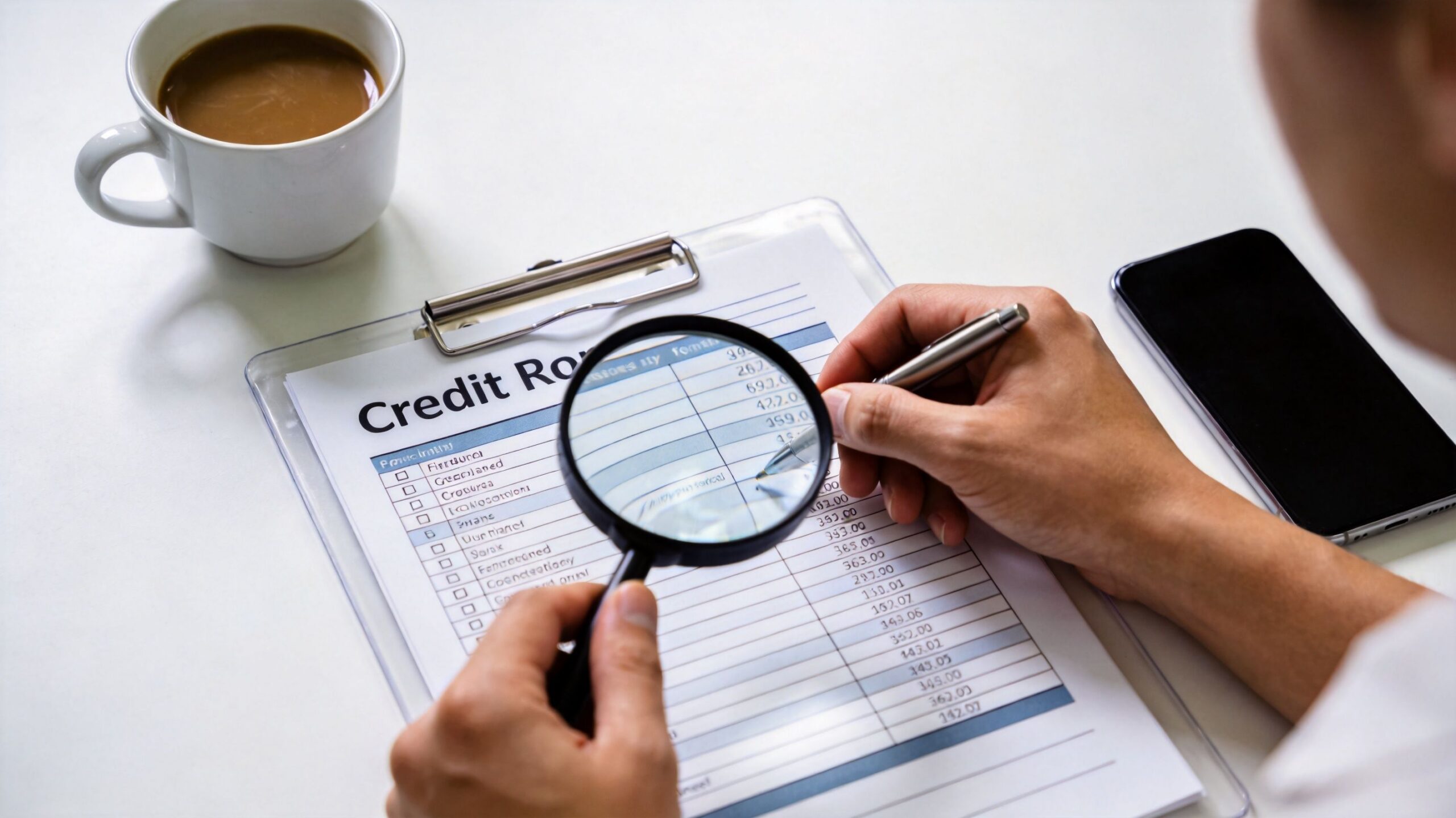 A professional analyzing a credit report document with a magnifying glass and a pen on a desk.