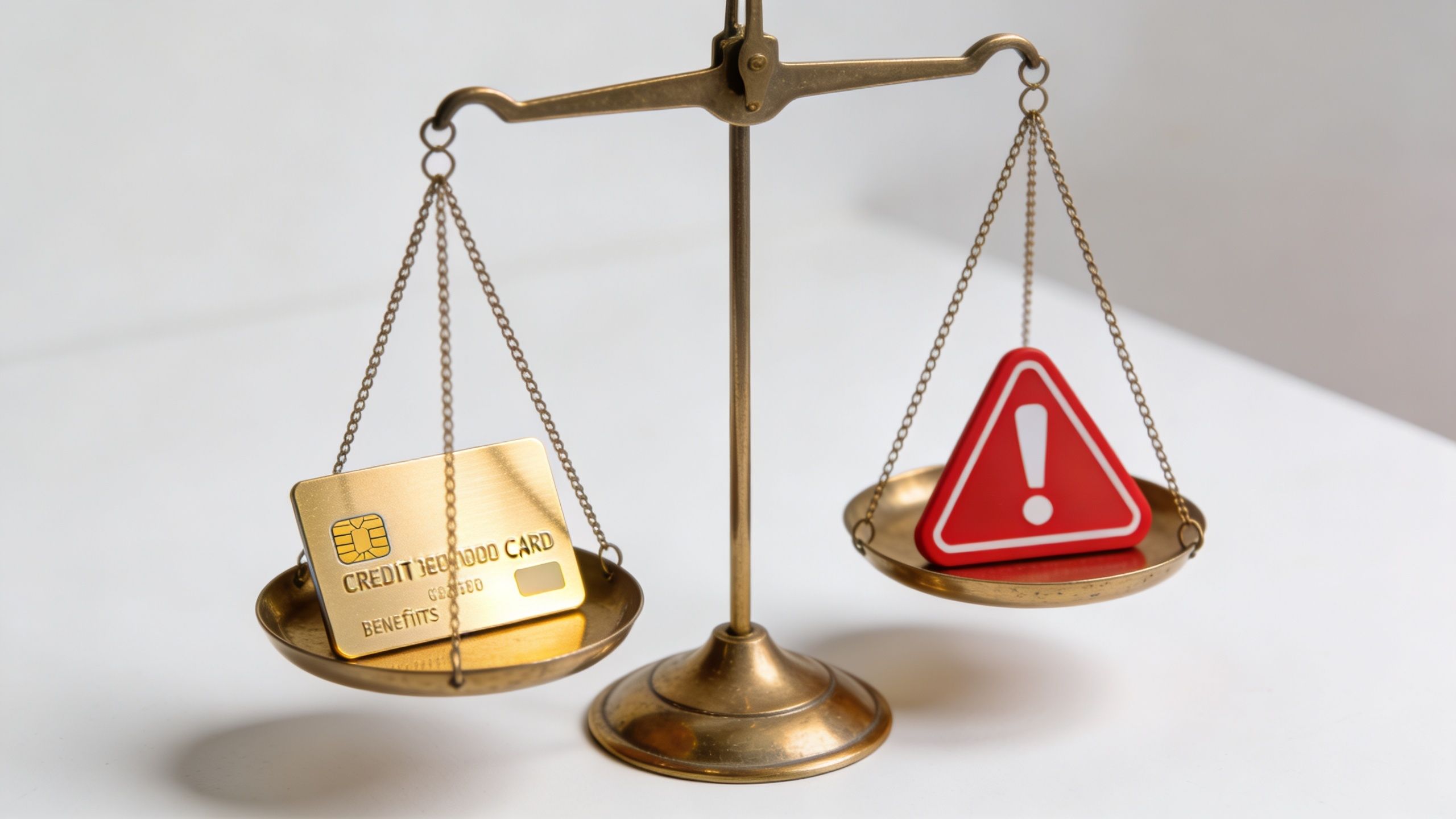 A golden credit card and a red exclamation mark warning sign balanced on old metal scales.
