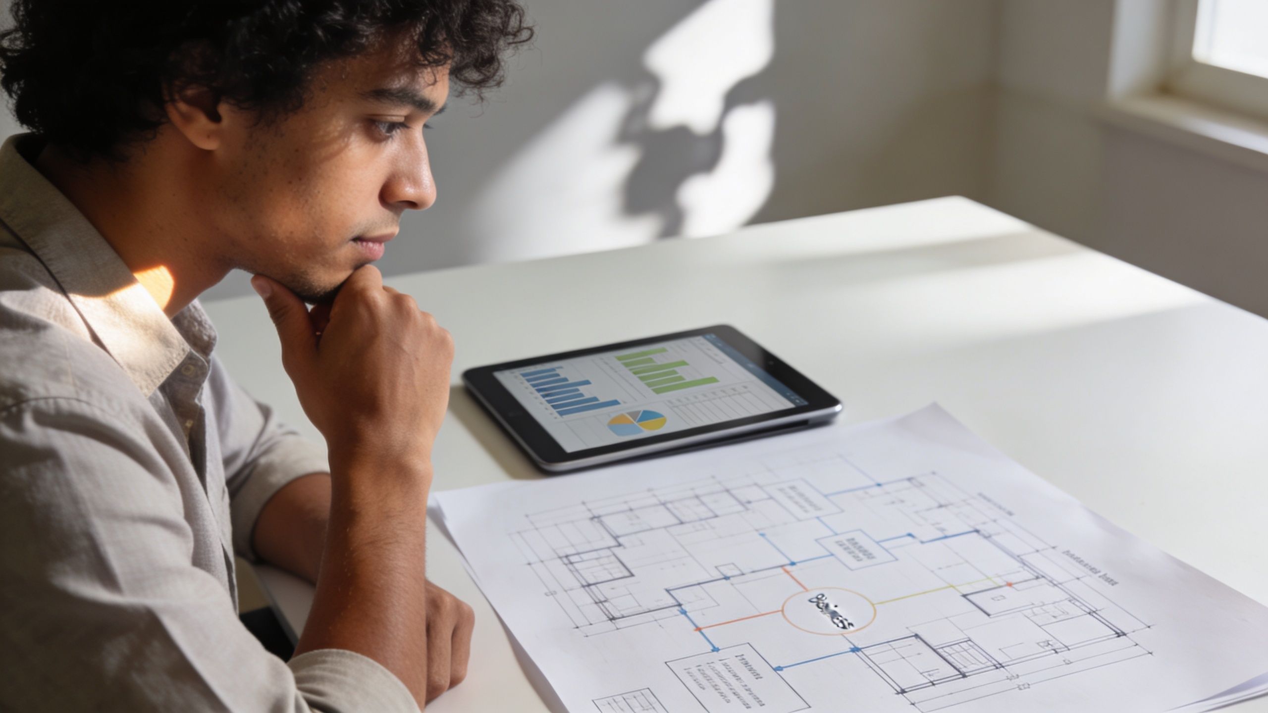 A young man with curly hair analyzing a business floor plan and charts on a digital tablet.