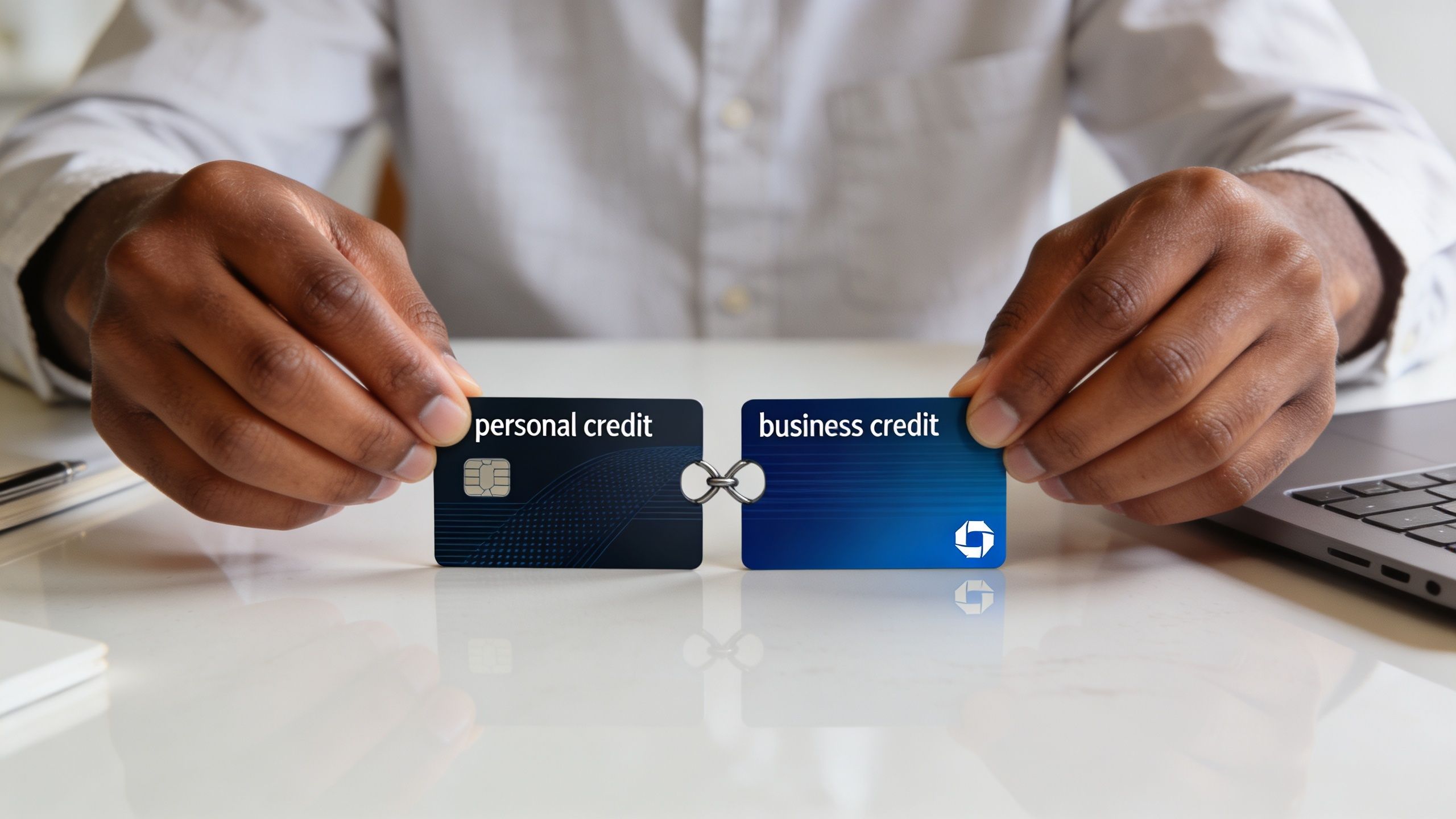 A person holding two linked credit cards representing personal and business credit services at a desk.