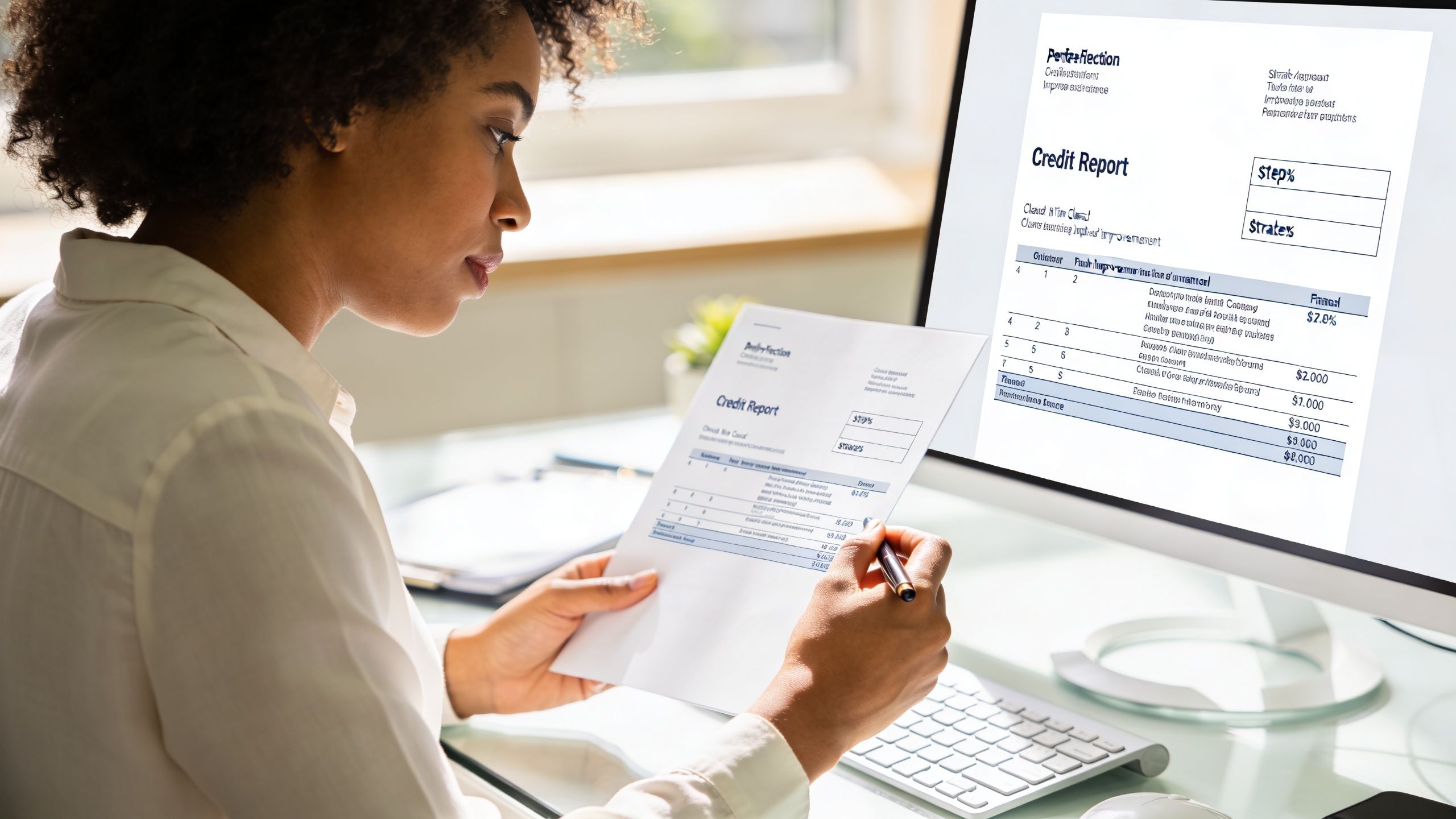 A businesswoman reviewing her business credit card report and financial documents while working at her desk.