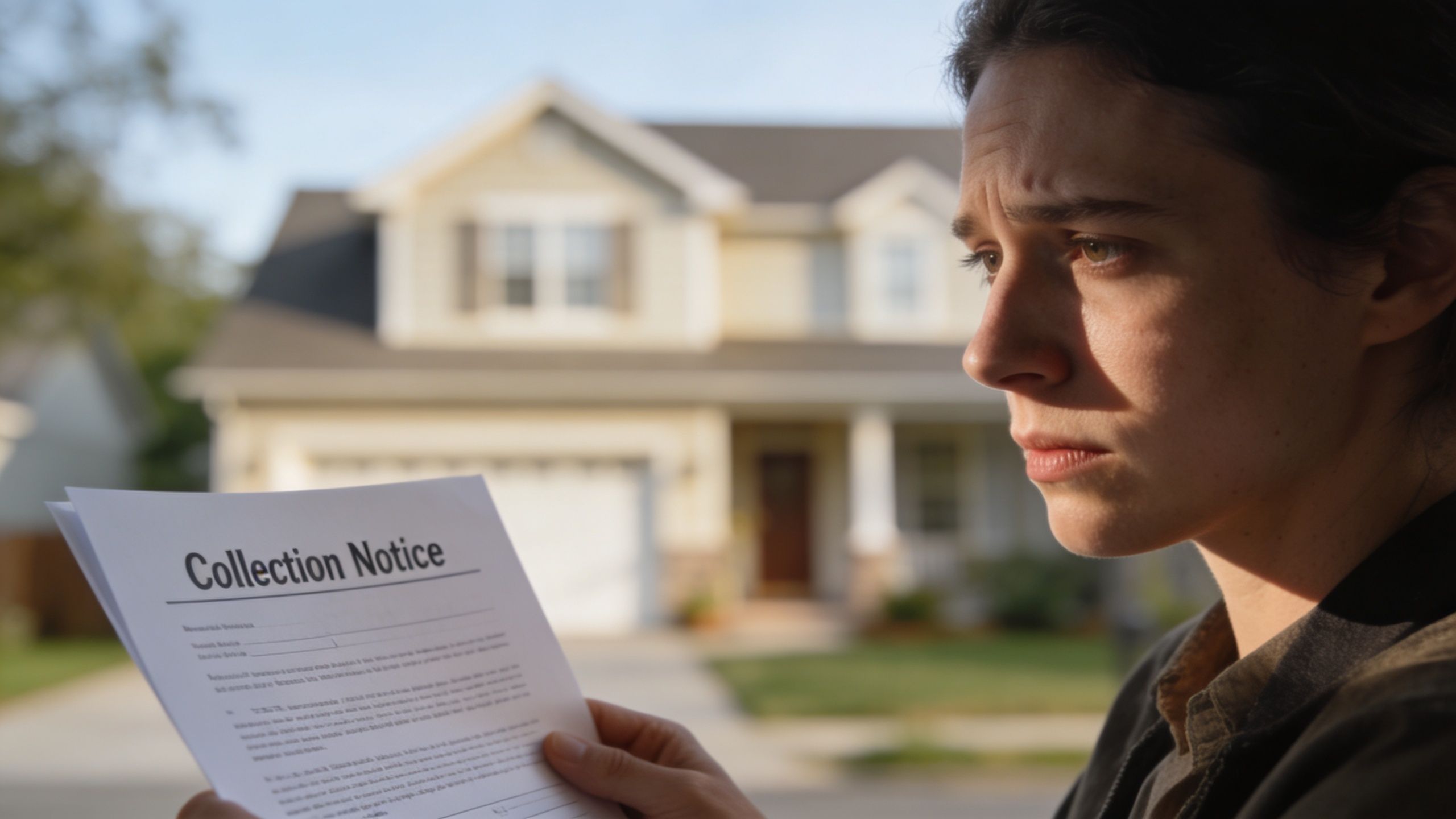 A worried woman holding a collection notice document in front of a residential suburban house.