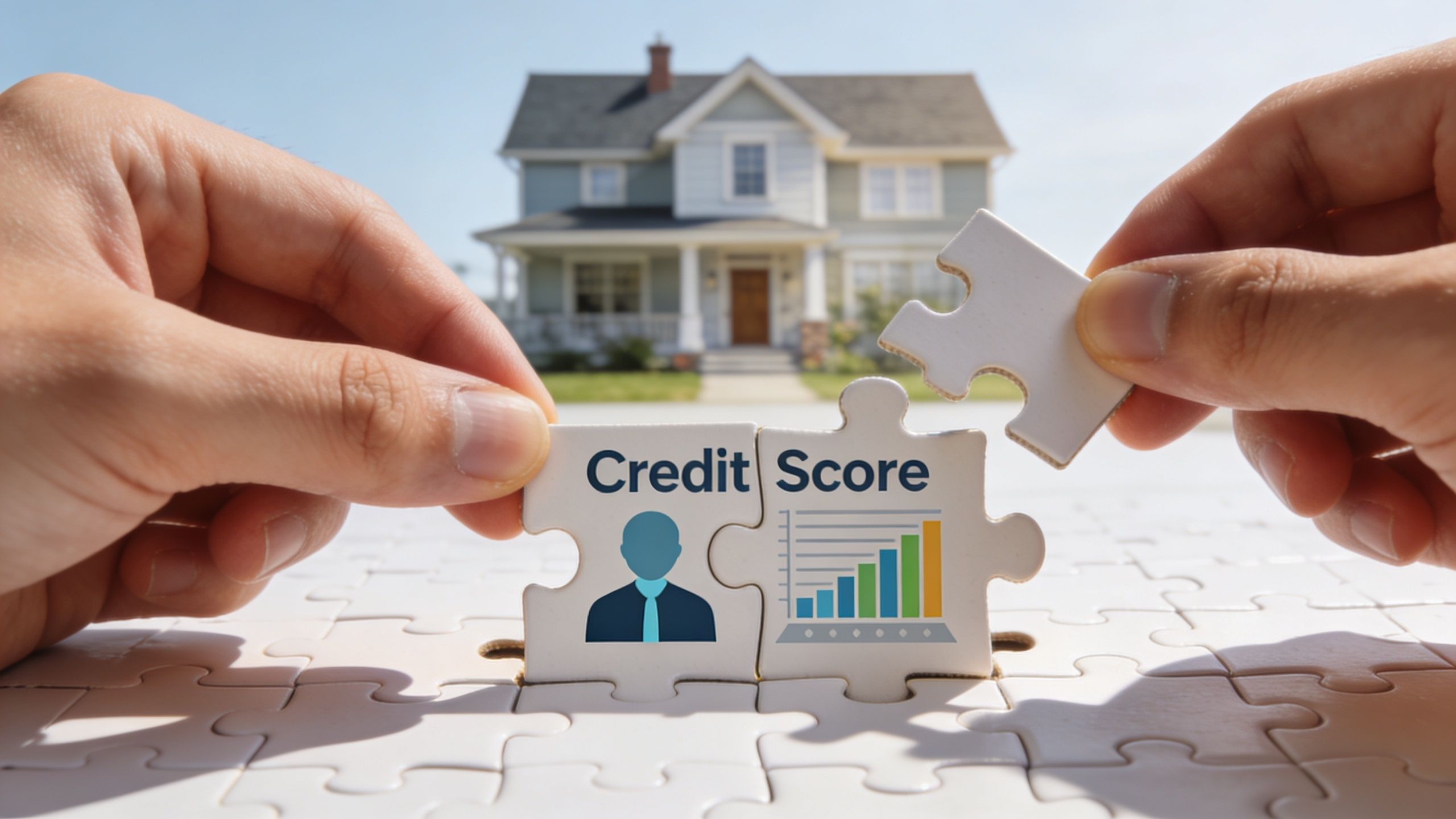 A person assembling puzzle pieces labeled Credit Score in front of a house, representing mortgage planning.