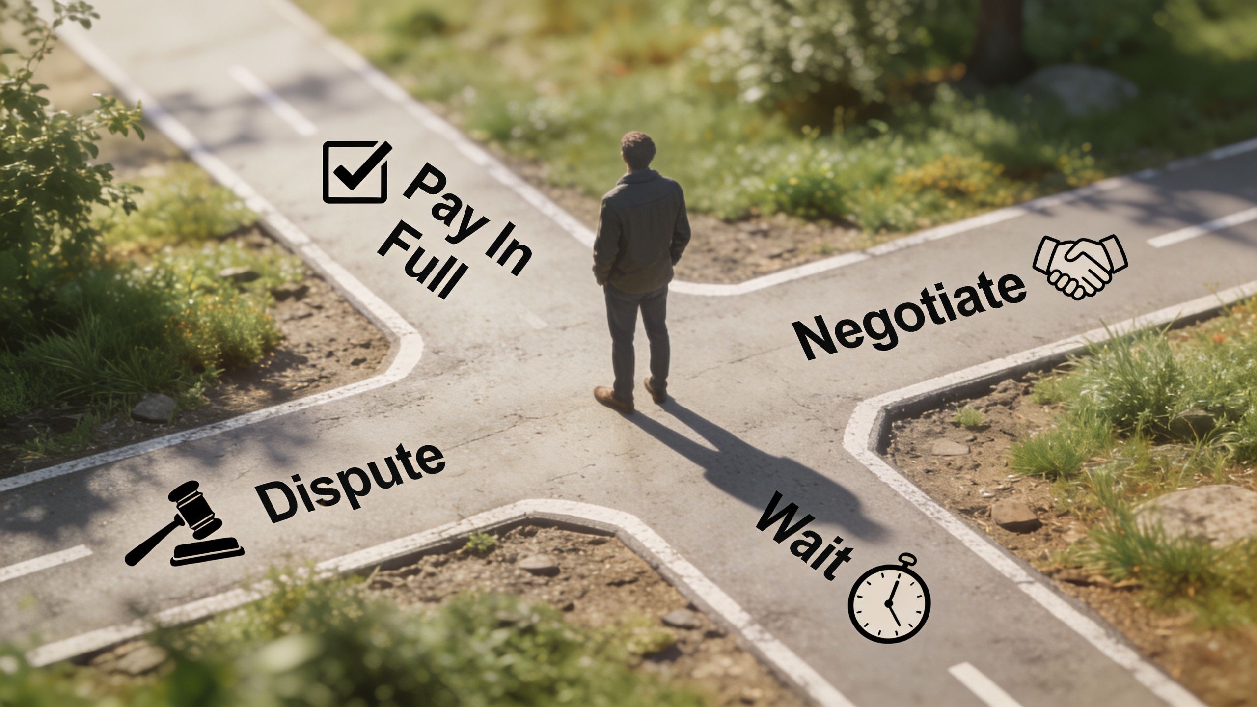 A person standing at a crossroads deciding between paying in full, negotiating, disputing, or waiting.