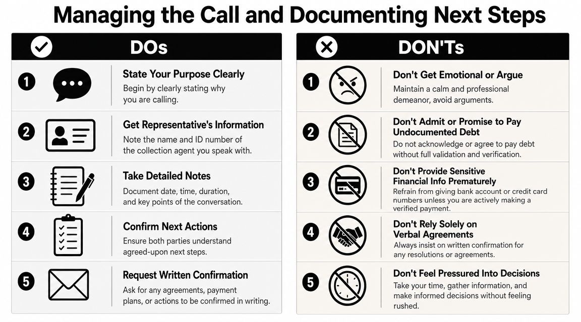 An infographic titled Managing the Call and Documenting Next Steps with a list of DOs and DONTs for debt collection calls.