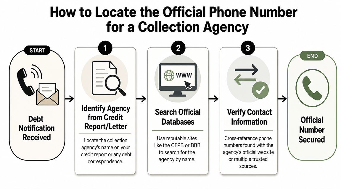 An infographic showing the steps to find the official contact phone number for a debt collection agency.