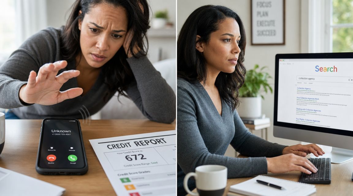 A woman looks stressed while receiving a collection agency phone call and searching information online.