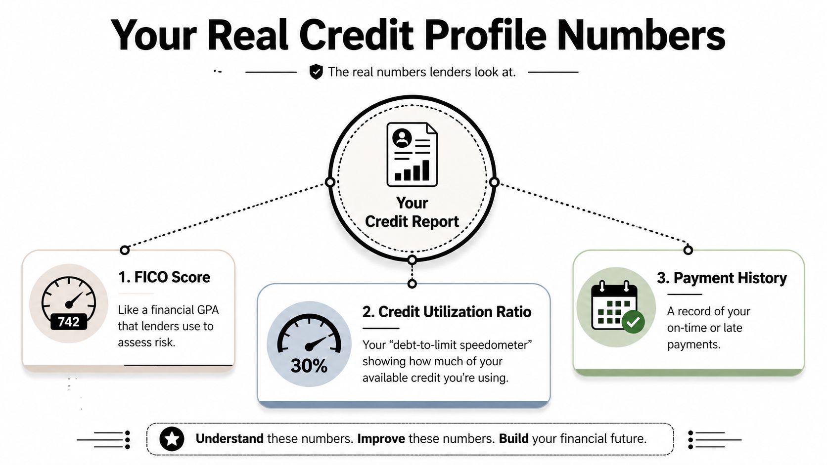 An infographic detailing the three key components of a credit profile: FICO score, utilization ratio, and payment history.