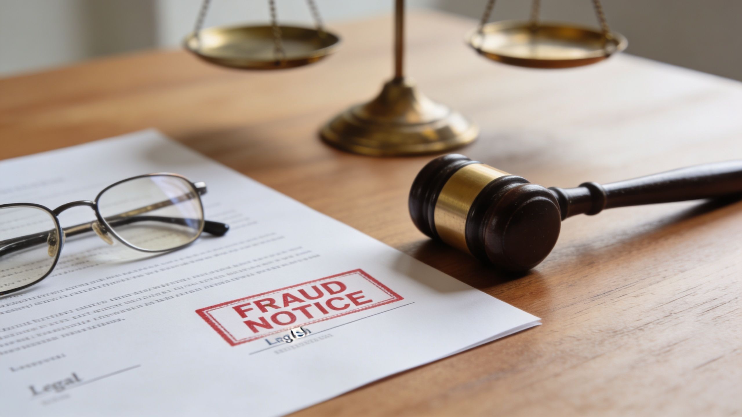 A wooden gavel and reading glasses resting on a legal document titled fraud notice on a table.