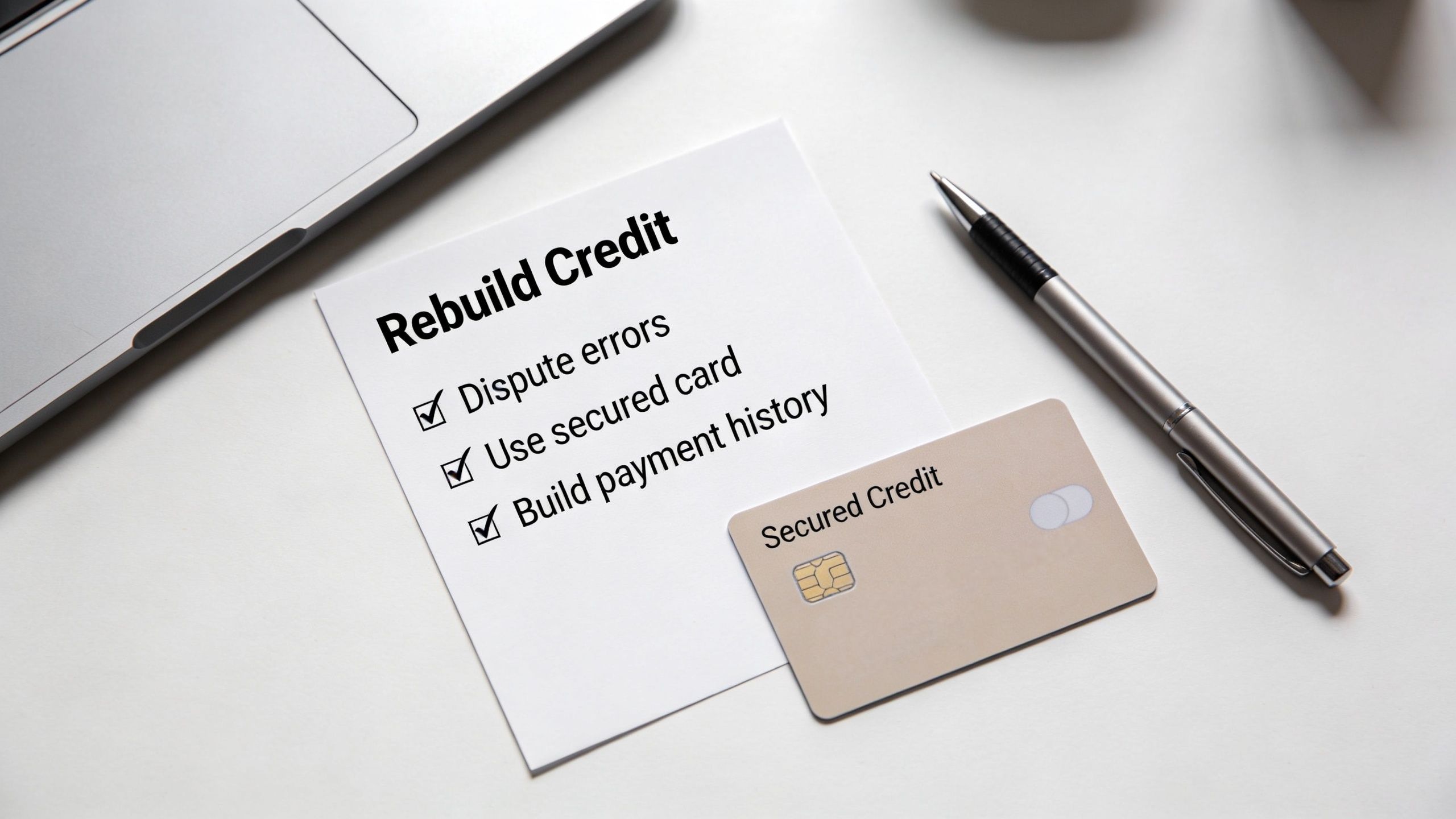 A checklist to rebuild credit with items for disputing errors, using a secured card, and building payment history.