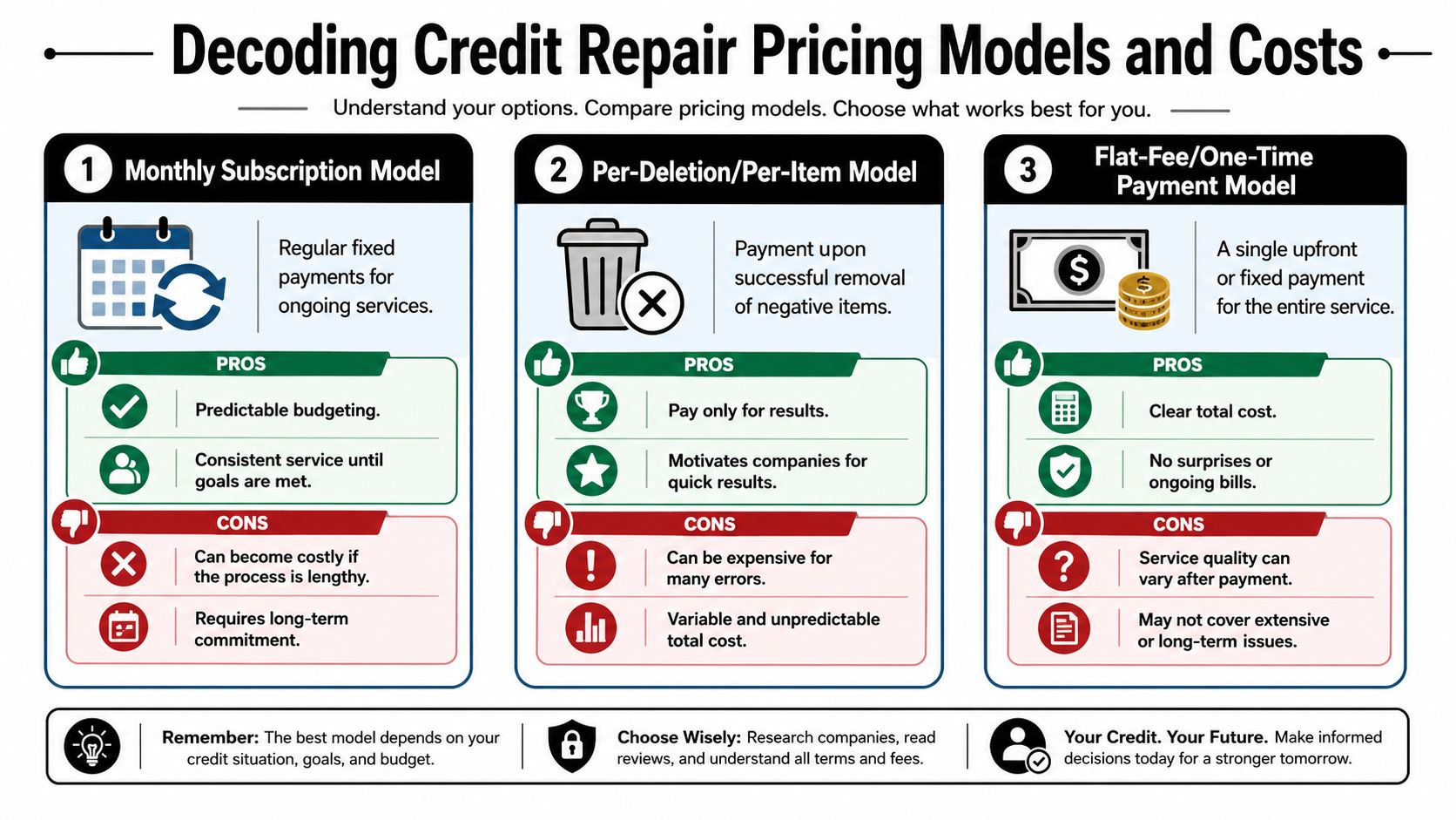 A comparison infographic detailing three common credit repair pricing models: monthly subscription, per-deletion, and flat-fee.