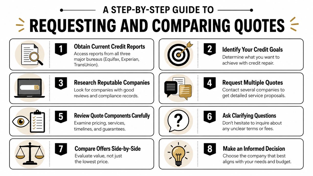 A step-by-step infographic showing how to request and compare credit repair services and quotes effectively.