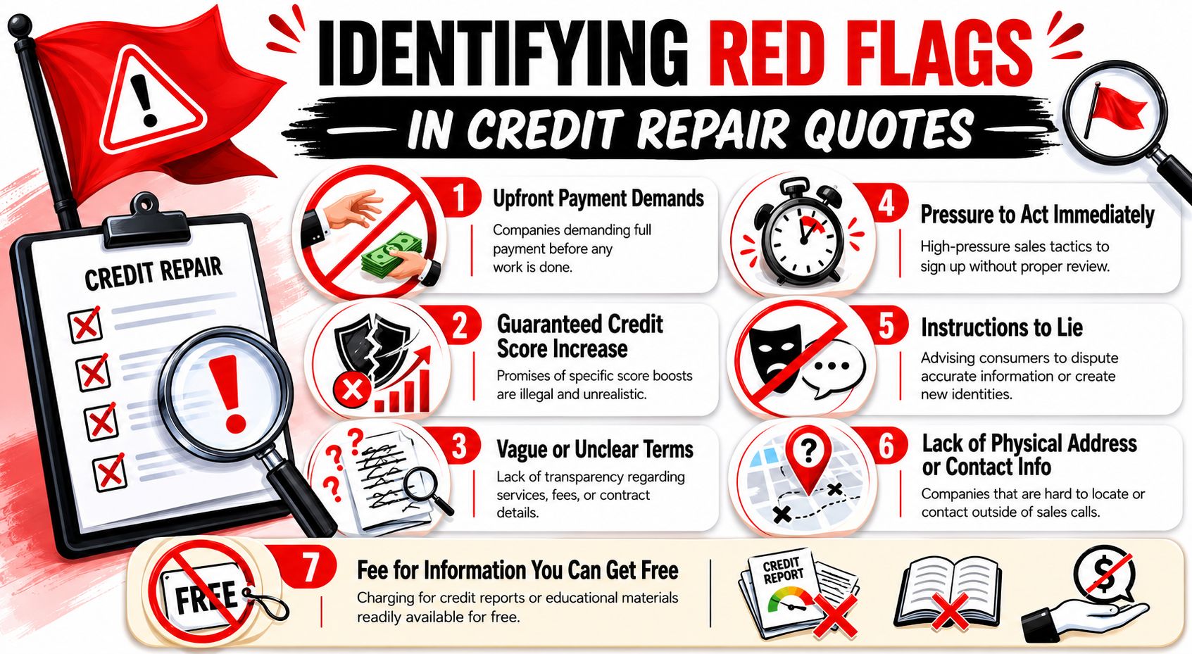 An infographic detailing seven common red flags to watch for when receiving quotes for credit repair services.