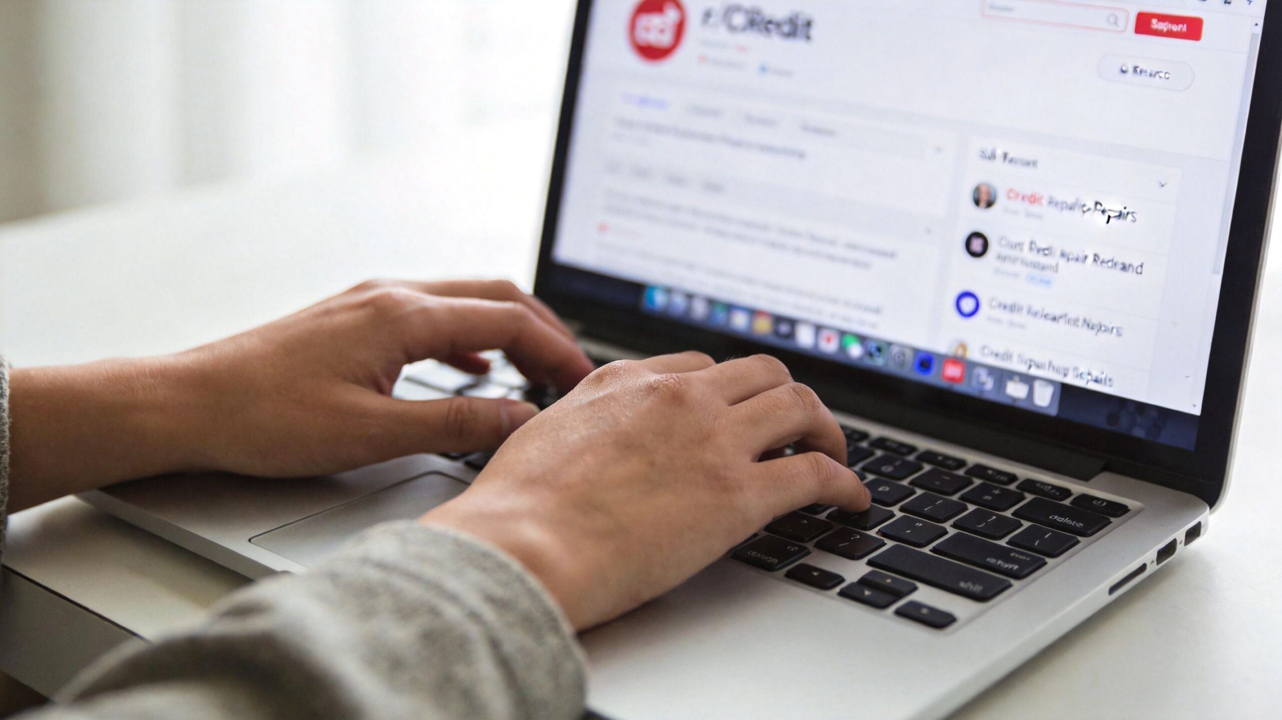 A person using a laptop to browse the credit repair subreddit on a desk.