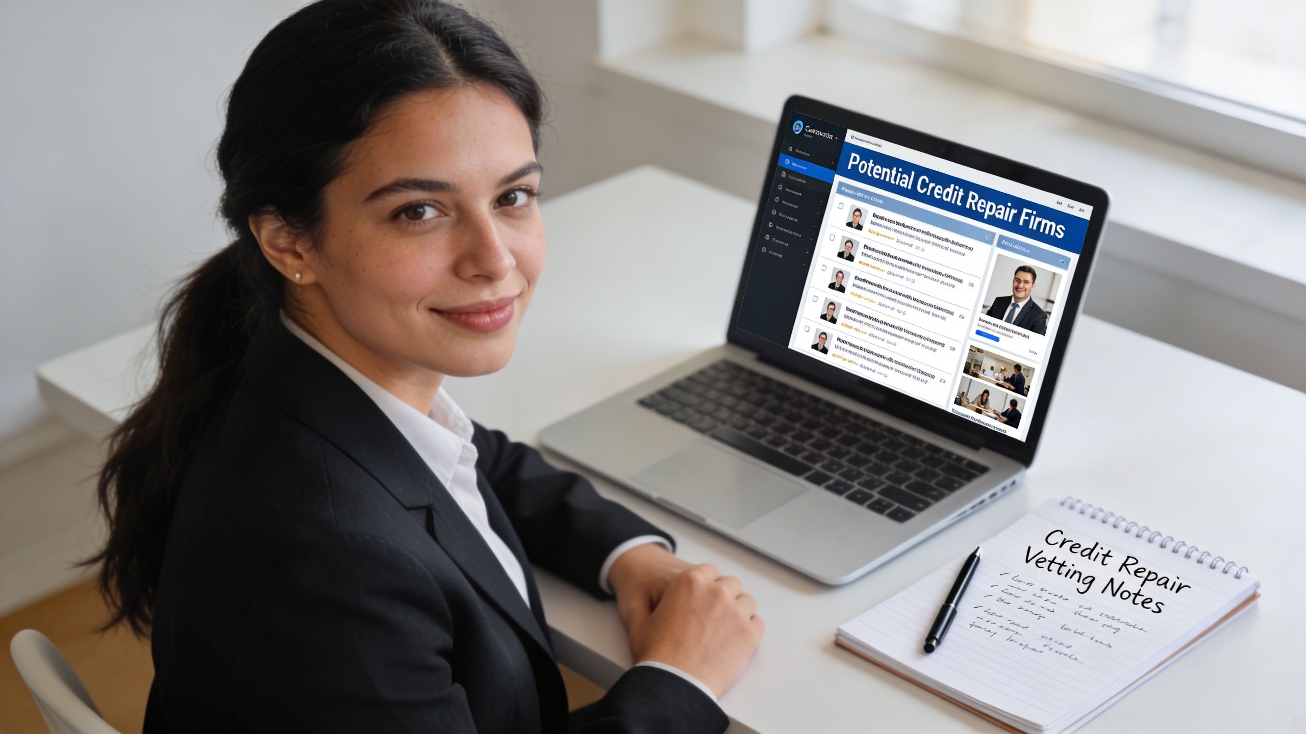A professional woman in a suit reviewing credit repair firm options on her laptop at a desk.