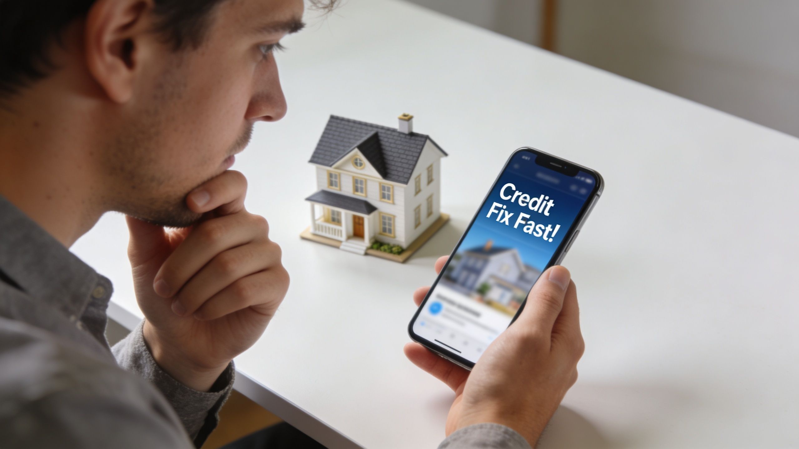 A man looks thoughtfully at his smartphone displaying a credit repair ad next to a house model.