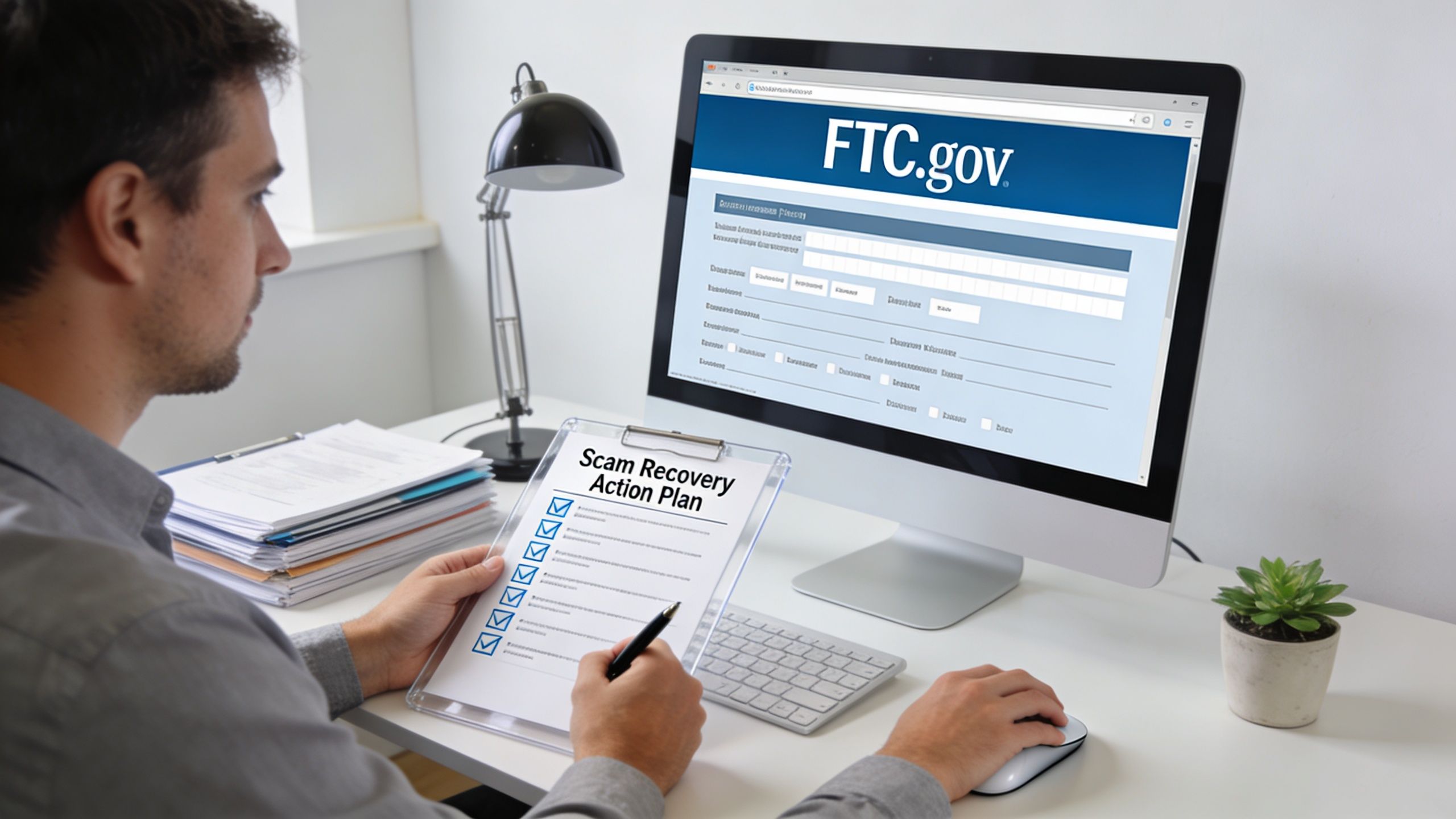 A man sits at a desk using a computer and checklist to report fraud to the FTC website.
