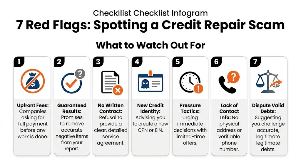 An infographic detailing seven warning signs that help individuals identify potential credit repair scams.