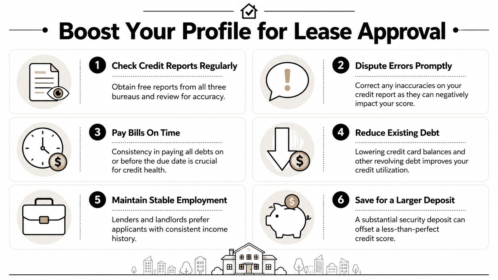 An infographic titled Boost Your Profile for Lease Approval with six tips for improving financial creditworthiness.