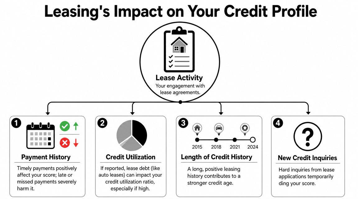 An infographic showing four key factors of how lease activity impacts your personal credit score profile.