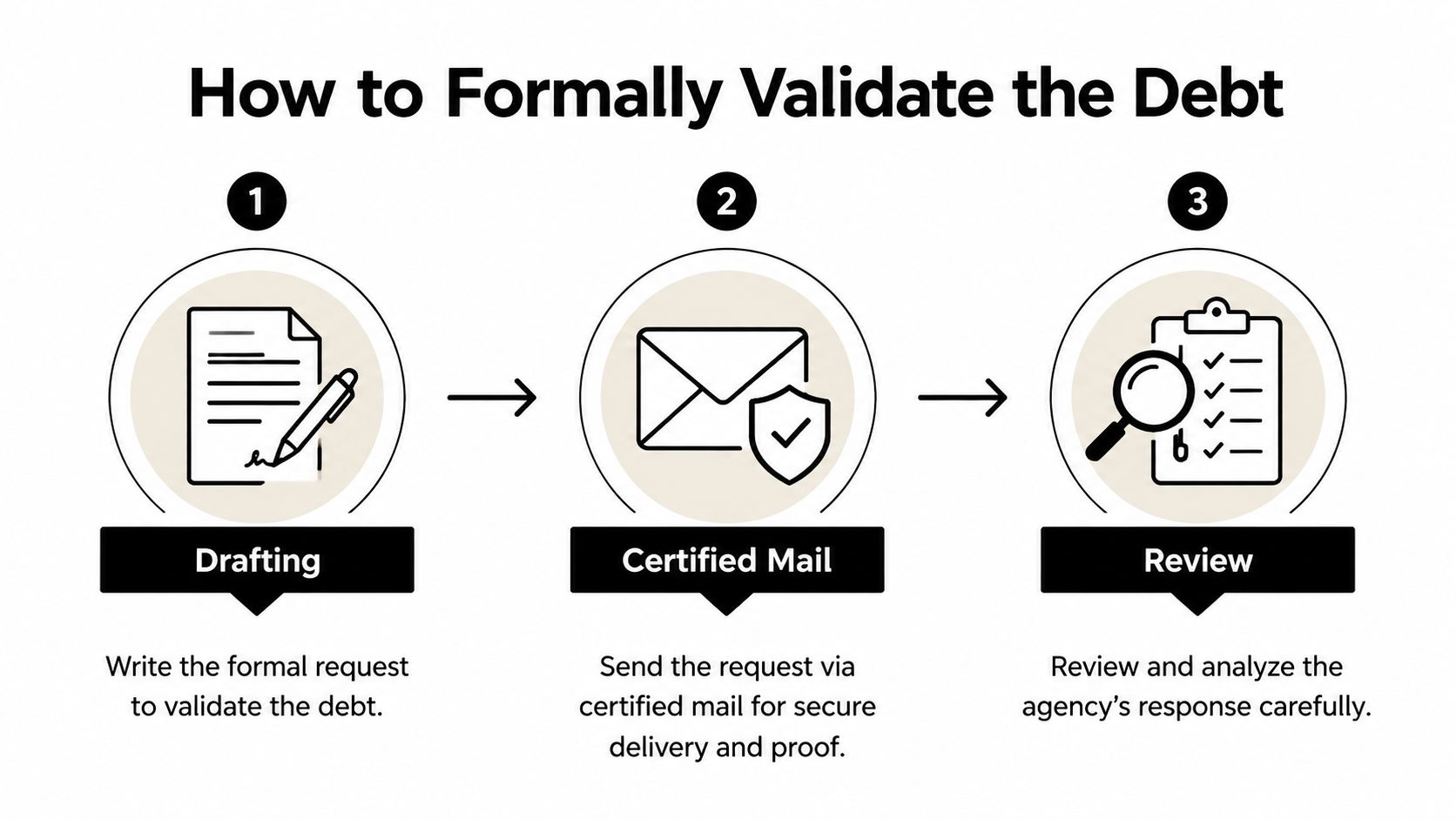 An infographic outlining three steps to formally validate a debt through drafting, mailing, and reviewing.