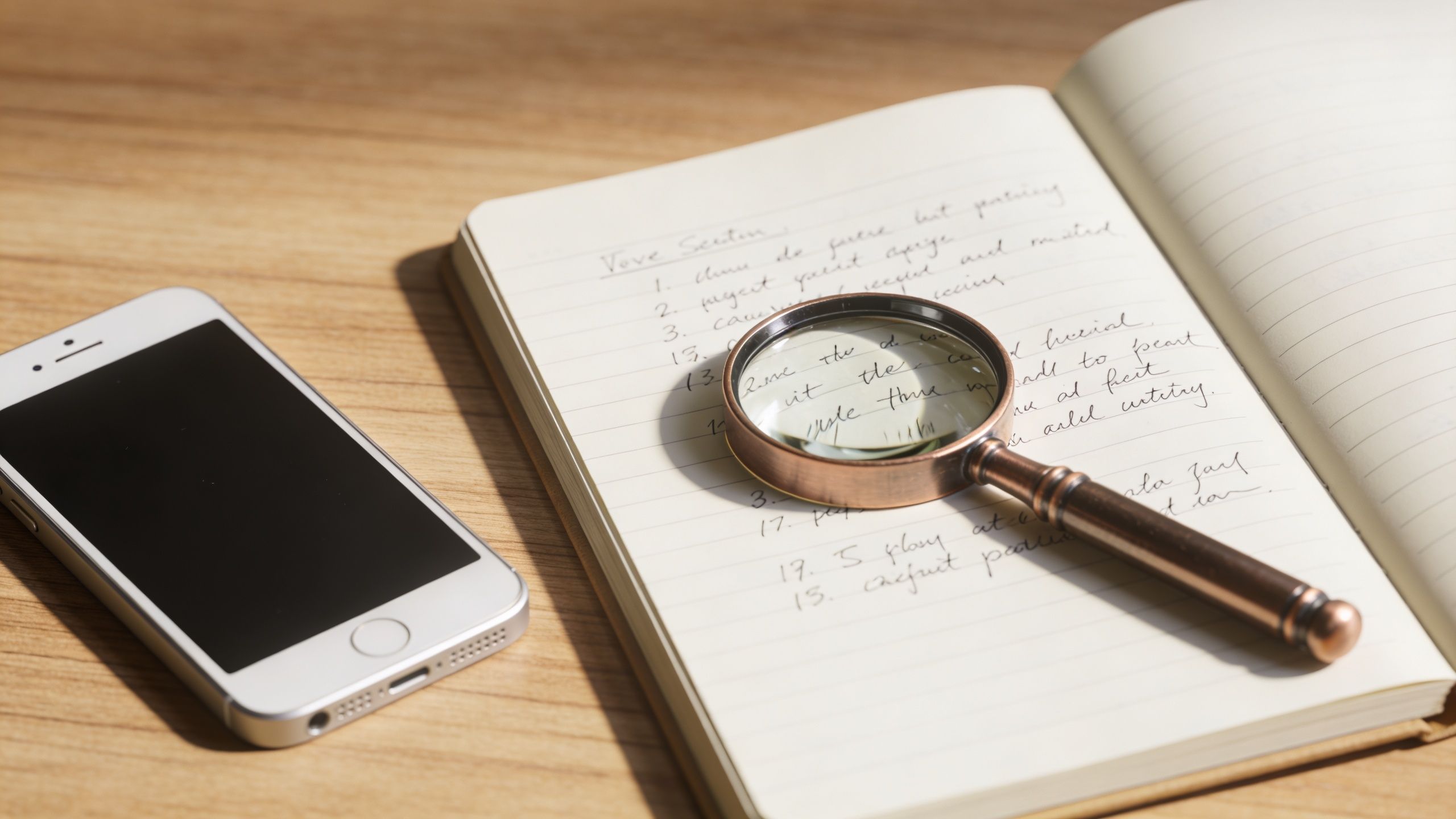 A magnifying glass placed over a handwritten list in an open notebook next to a smartphone.