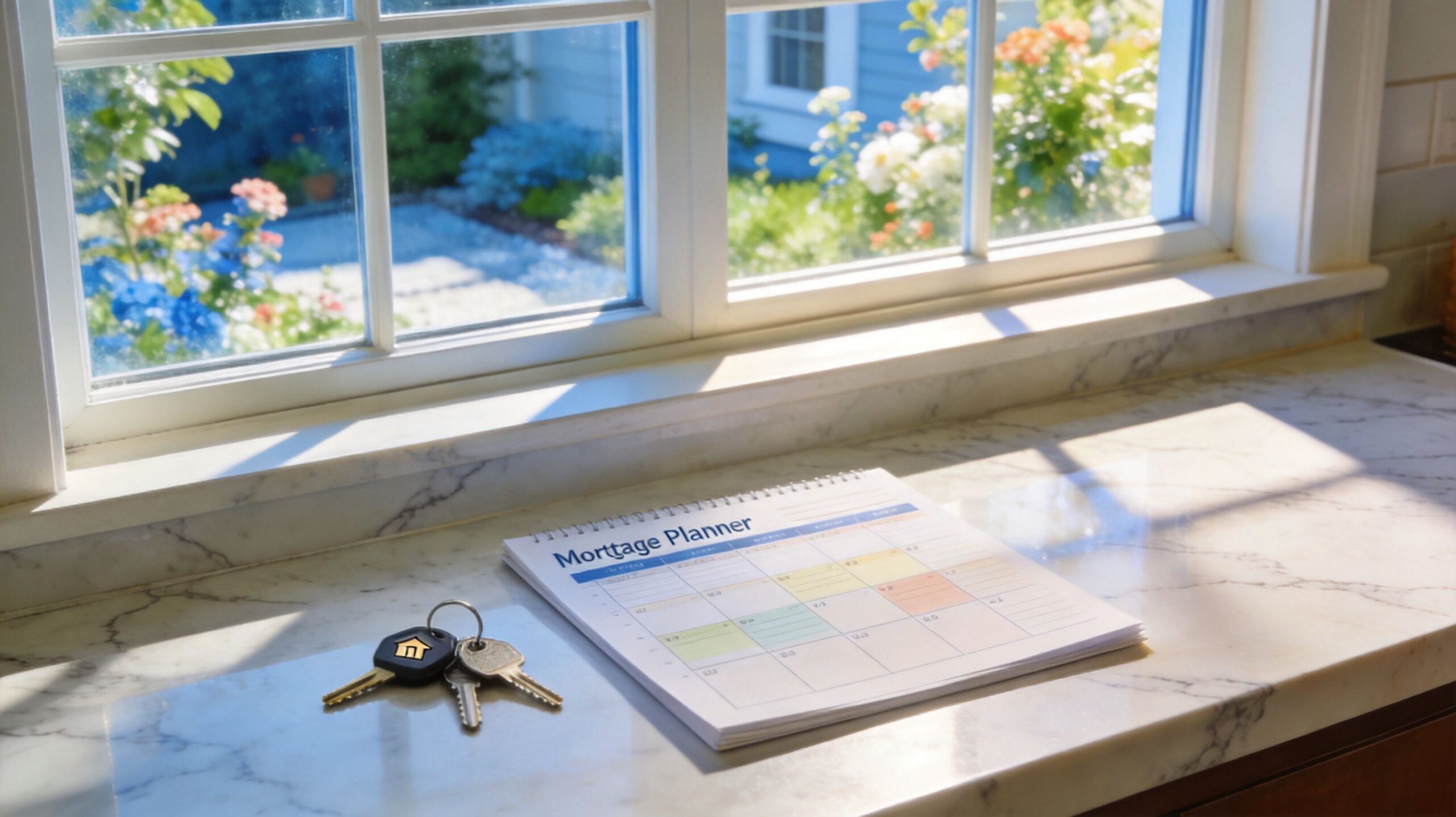 A mortgage planner calendar and house keys resting on a marble windowsill overlooking a sunny garden.