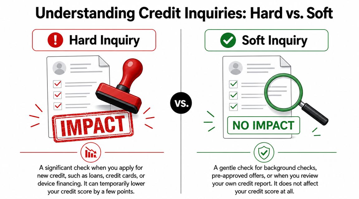 A comparison chart explaining the difference between hard and soft credit inquiries and their impact on scores.