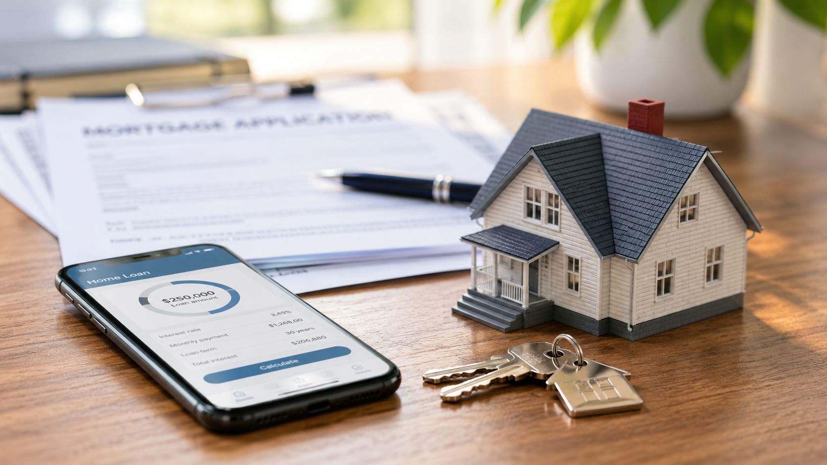 A smartphone showing mortgage calculation app next to a model house, keys, and a mortgage application form.