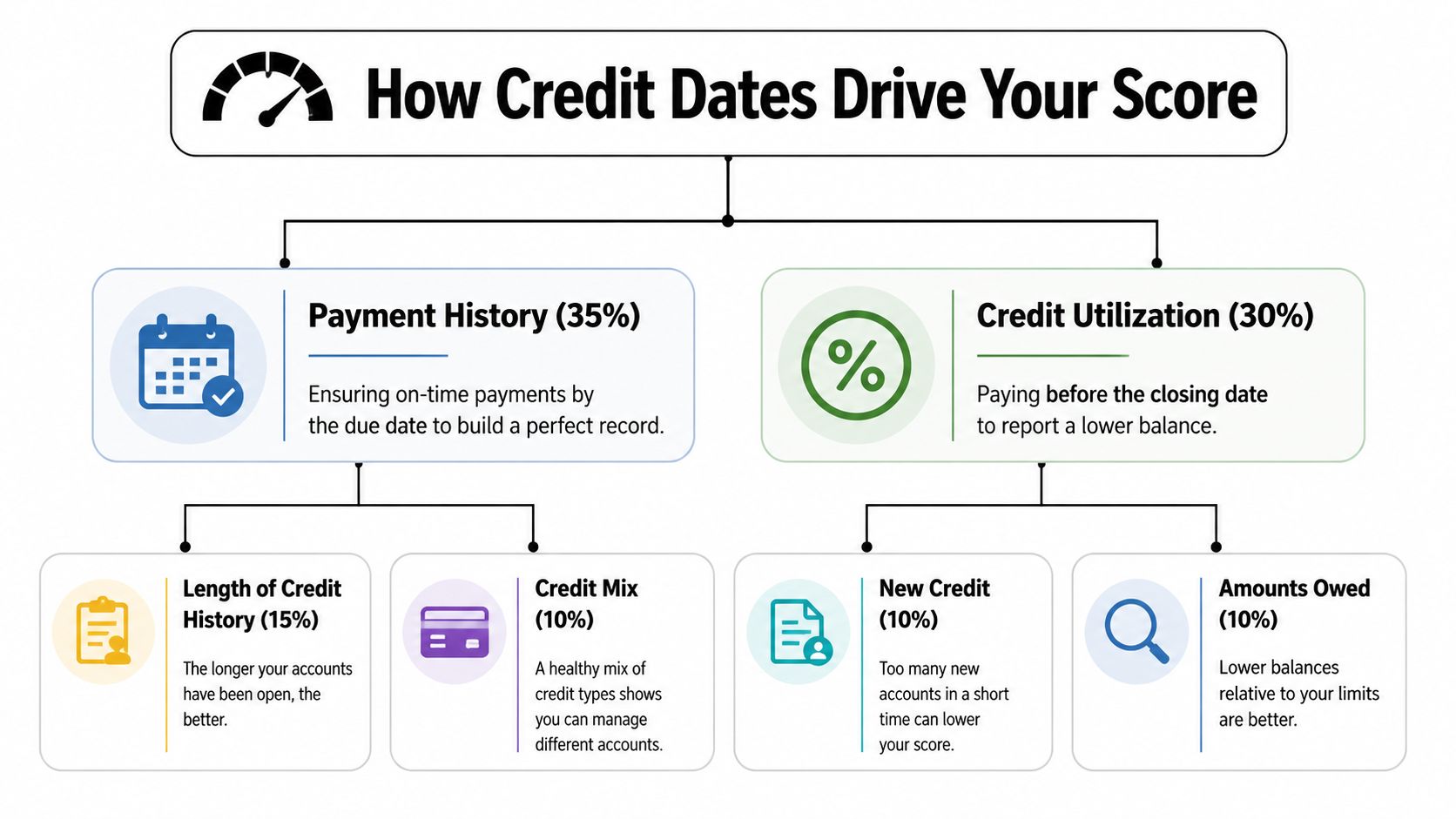 A flowchart infographic titled How Credit Dates Drive Your Score explaining the factors that influence credit scores.