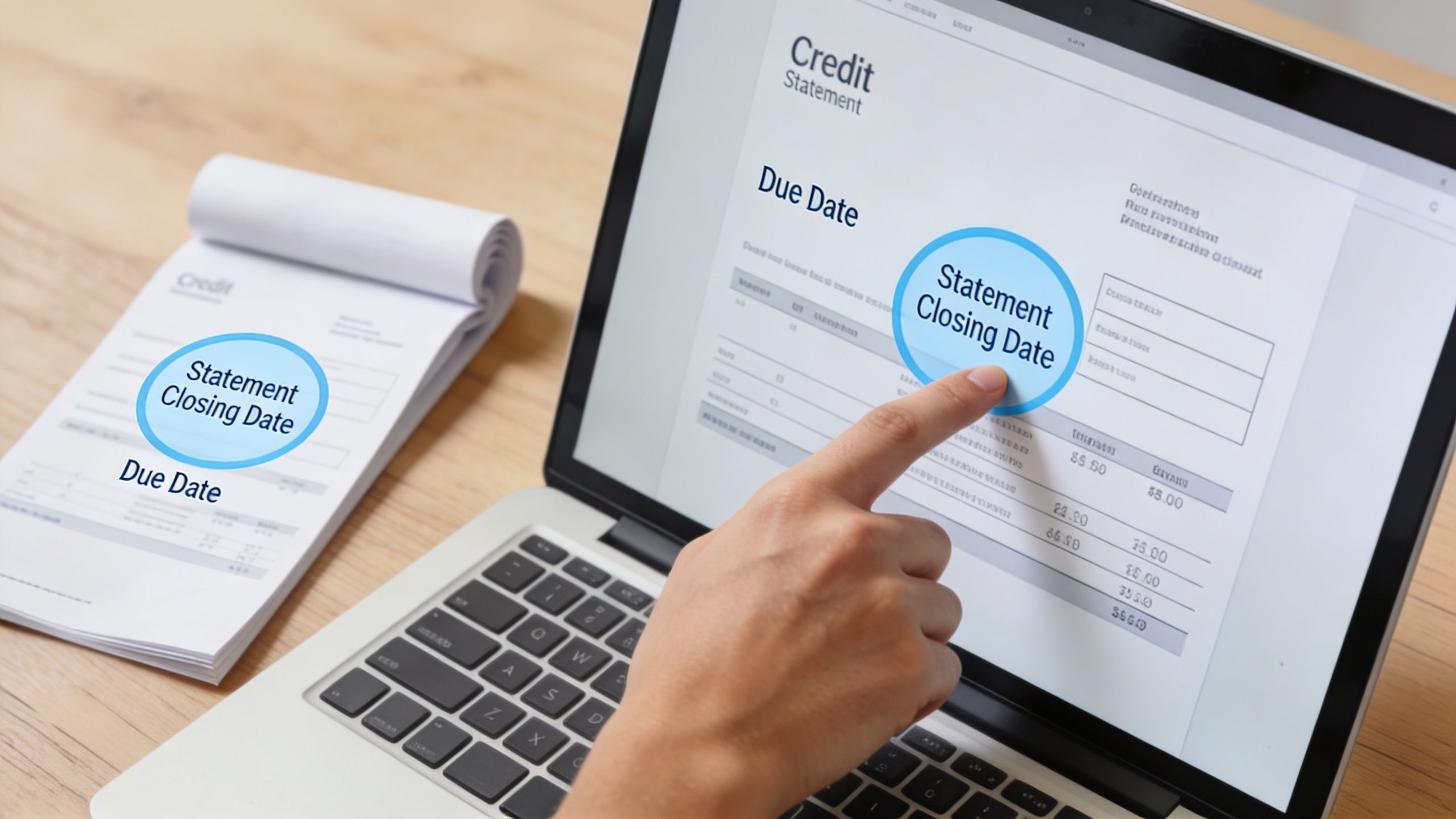 A person uses their finger to point at the Statement Closing Date on a laptop screen.