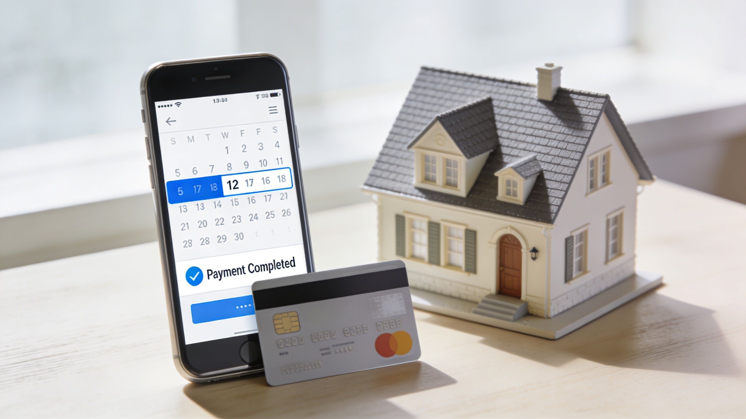 A smartphone showing a payment calendar, a credit card, and a model house on a wooden table.