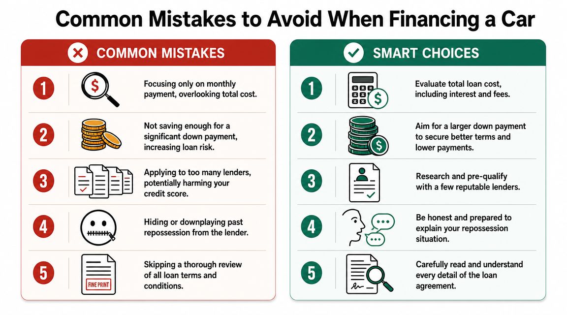 A comparison chart outlining five common financing mistakes versus five smart choices when purchasing a car.