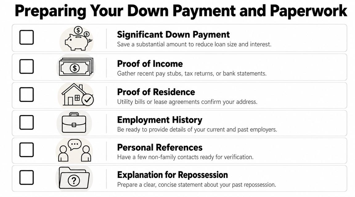 A checklist infographic titled Preparing Your Down Payment and Paperwork for financing a vehicle after repossession.