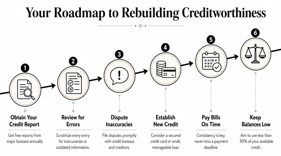 A six-step roadmap infographic explaining how to effectively rebuild and improve your personal creditworthiness over time.