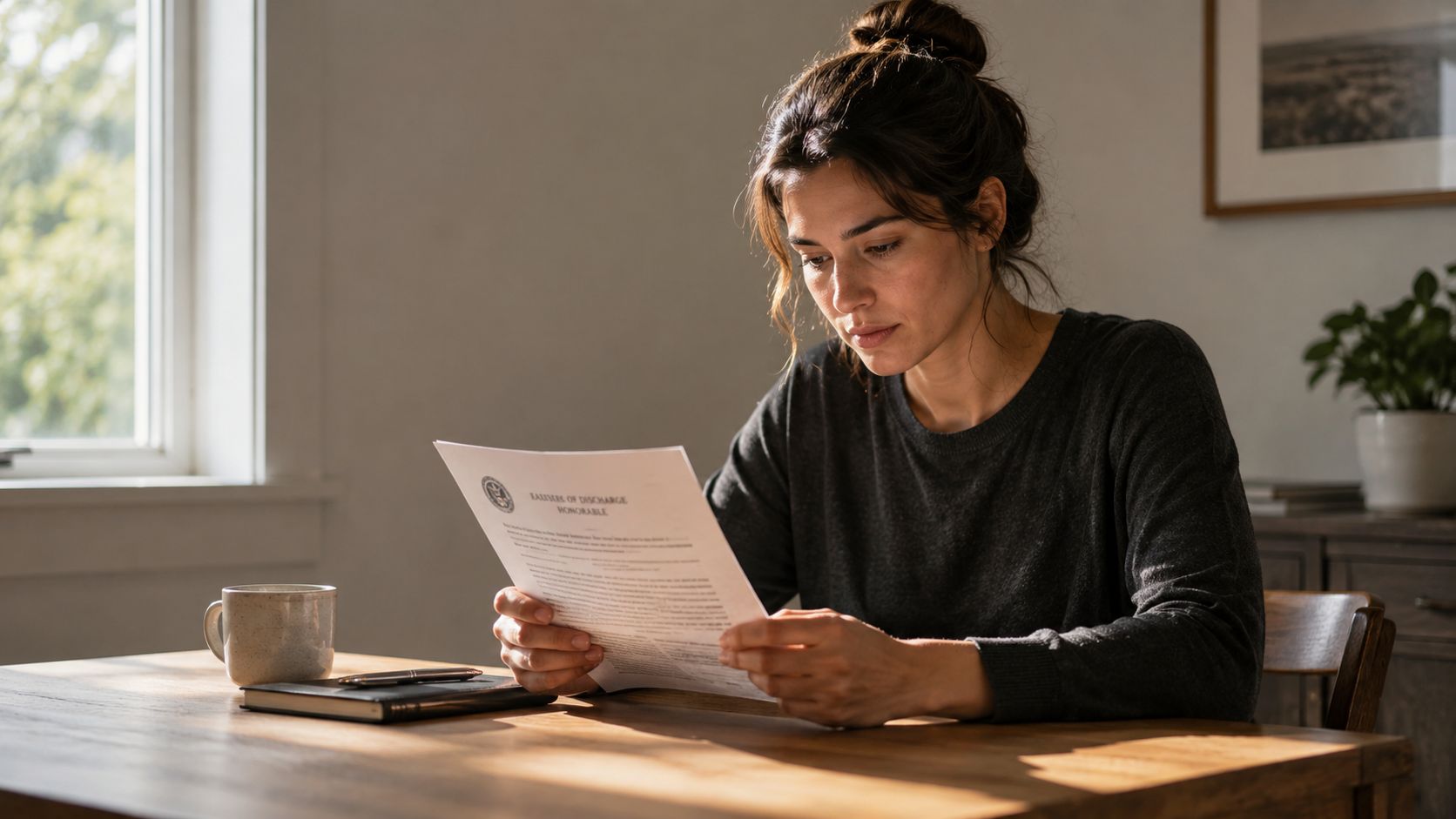 A focused woman sitting at a table thoughtfully reading a document titled Honorable Discharge at home.