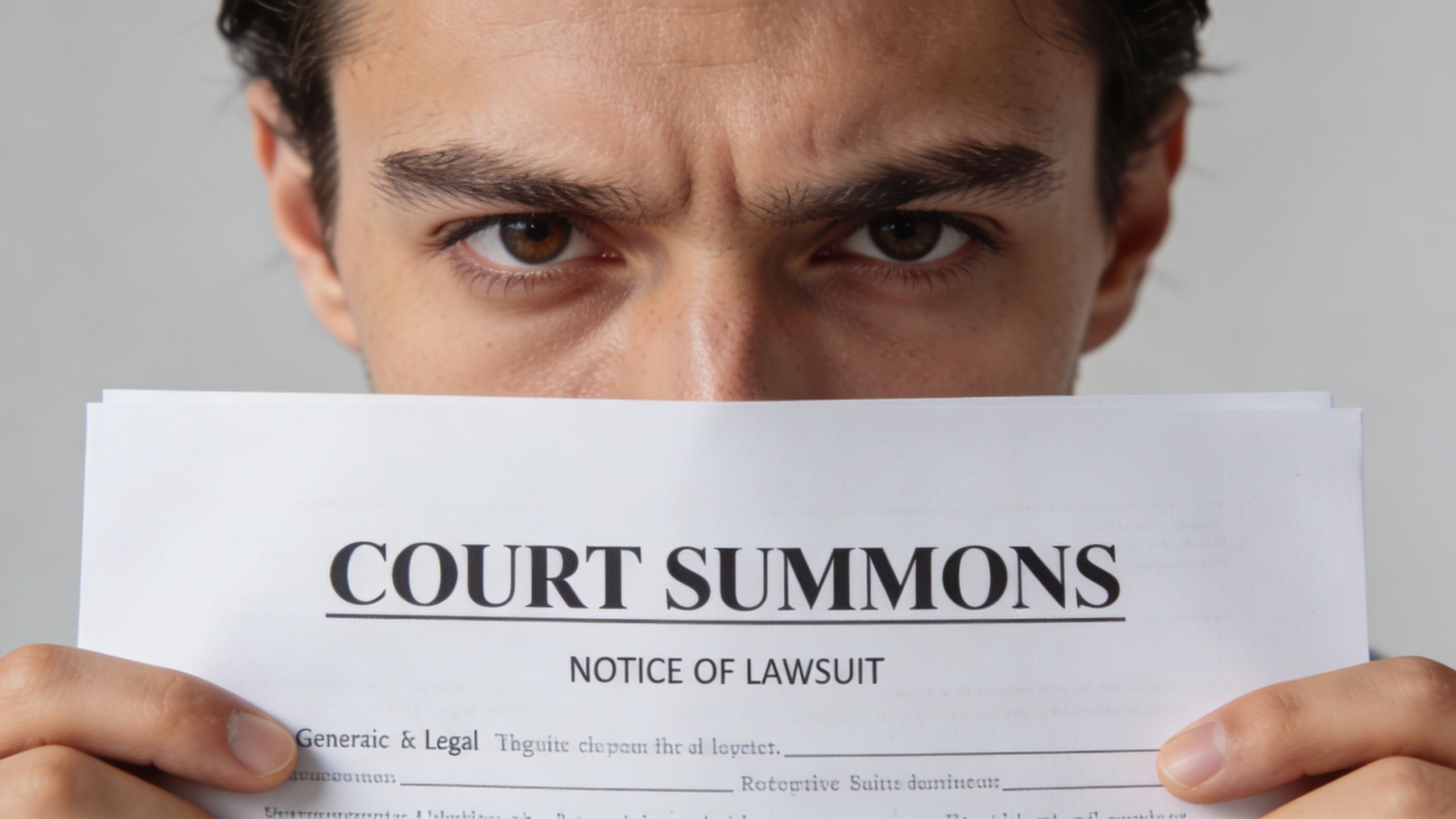 A stern-looking man holding a formal court summons document related to a legal lawsuit notice.