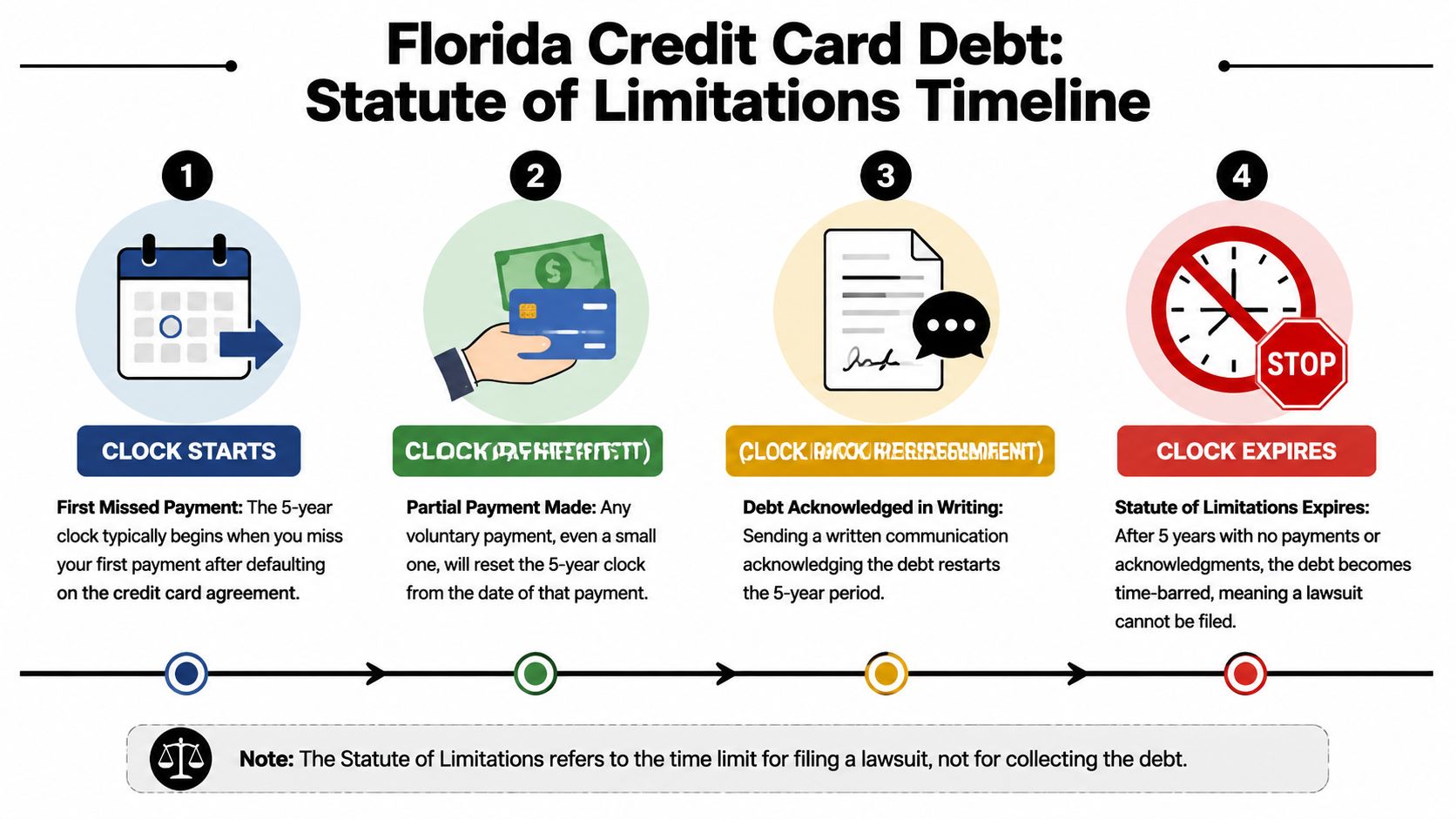 A timeline graphic explaining the 5-year statute of limitations for credit card debt lawsuits in Florida.