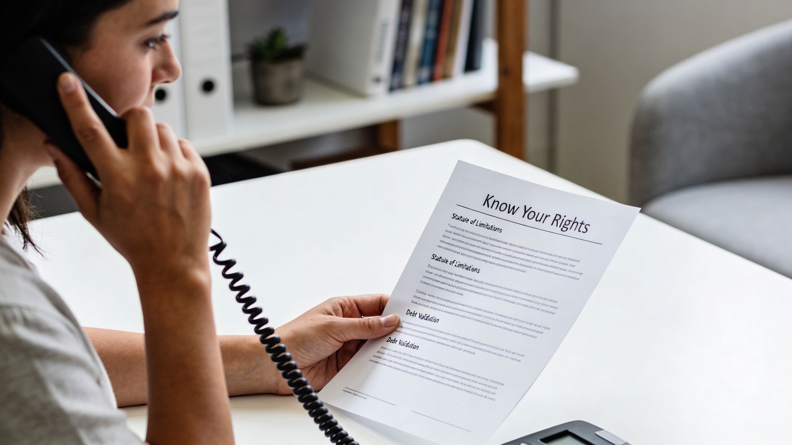 A professional woman talking on the phone while reading a document titled Know Your Rights about debt.