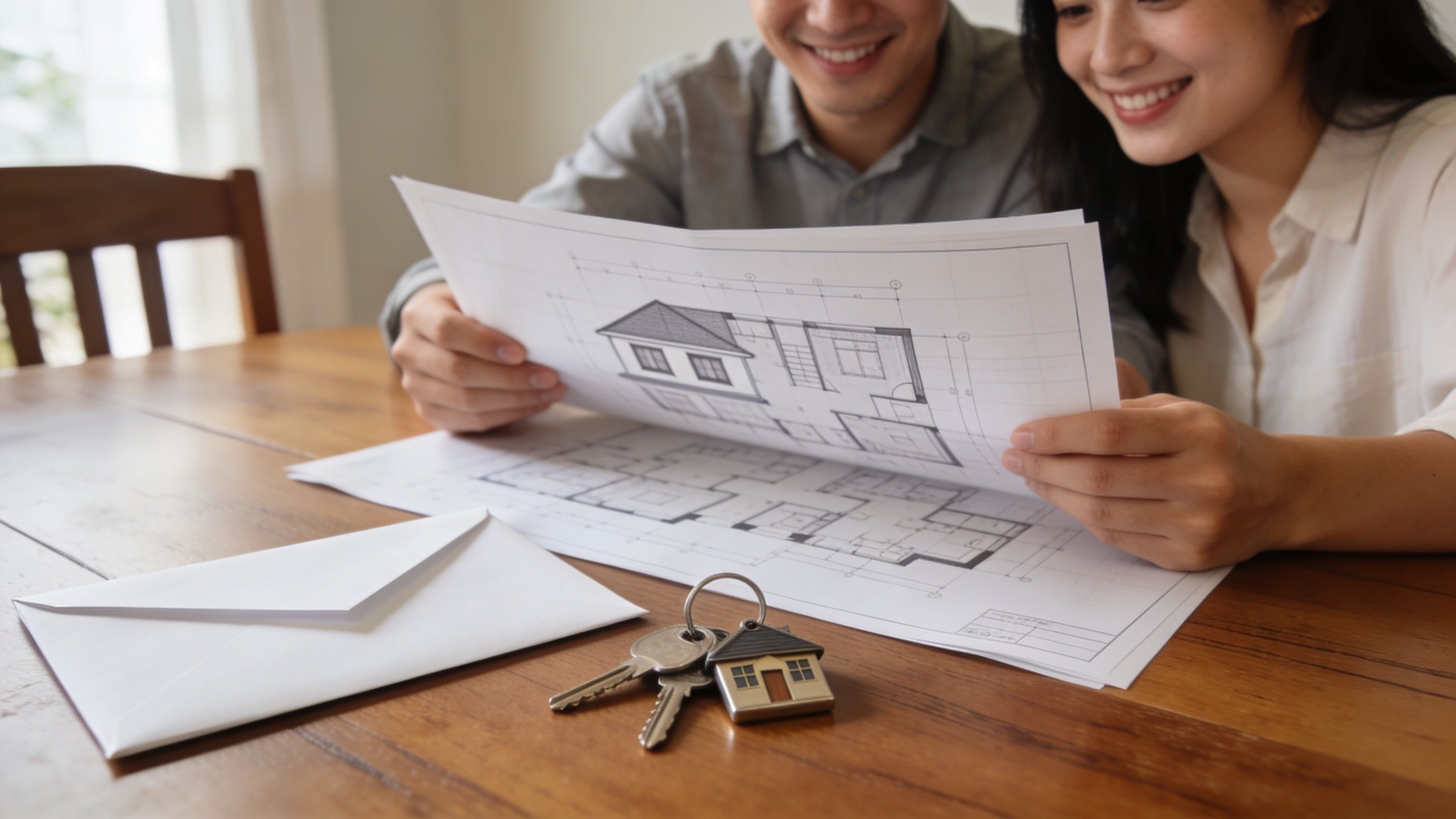A happy couple looks at house blueprints while sitting at a wooden table with keys and mail.