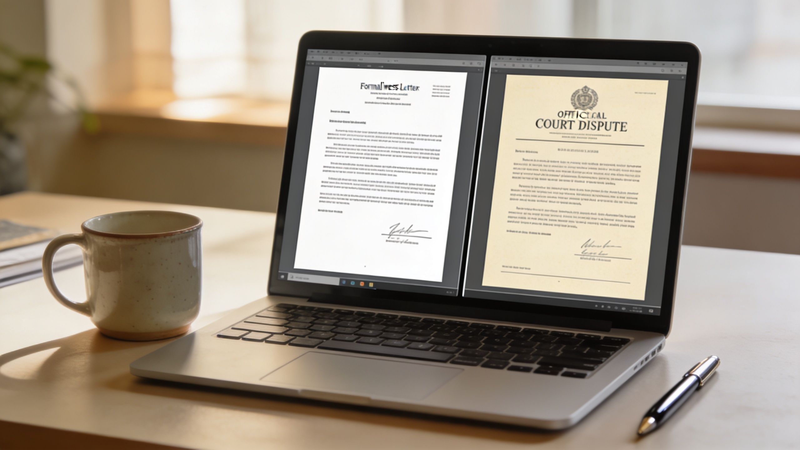A laptop on a desk showing a formal letter and a court document side-by-side with coffee.